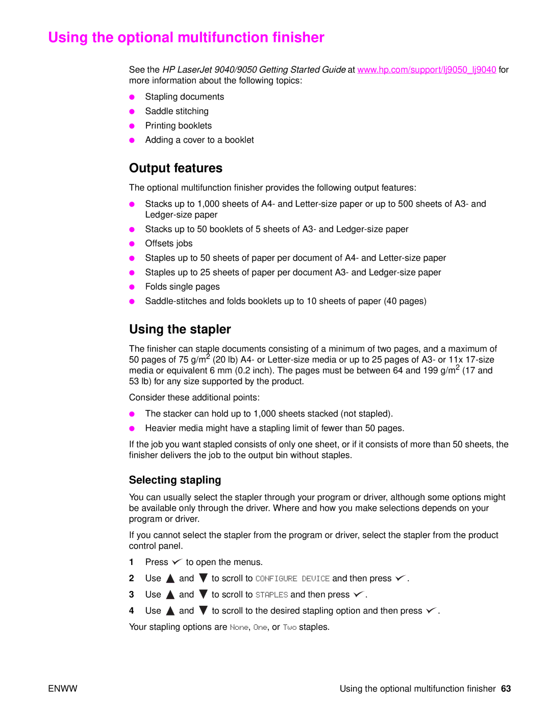 HP 9040, Laser 9050n manual Using the optional multifunction finisher, Using the stapler, Selecting stapling 