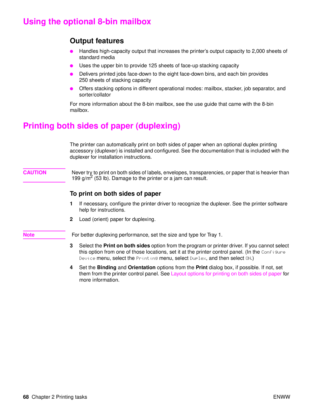 HP 9050, 9040 Using the optional 8-bin mailbox, Printing both sides of paper duplexing, To print on both sides of paper 