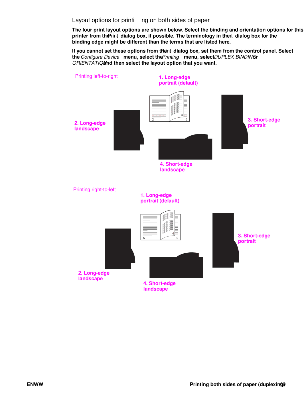 HP 9050DN Laser Q3723A#ABA, Laser 9050n, 9040 Layout options for printing on both sides of paper, Printing right-to-left 