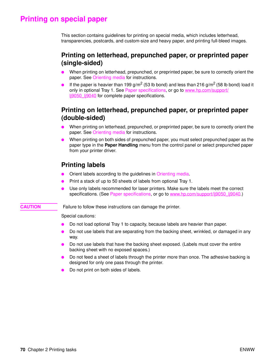 HP Laser 9050n, 9040, 9050DN Laser Q3723A#ABA manual Printing on special paper, Printing labels 