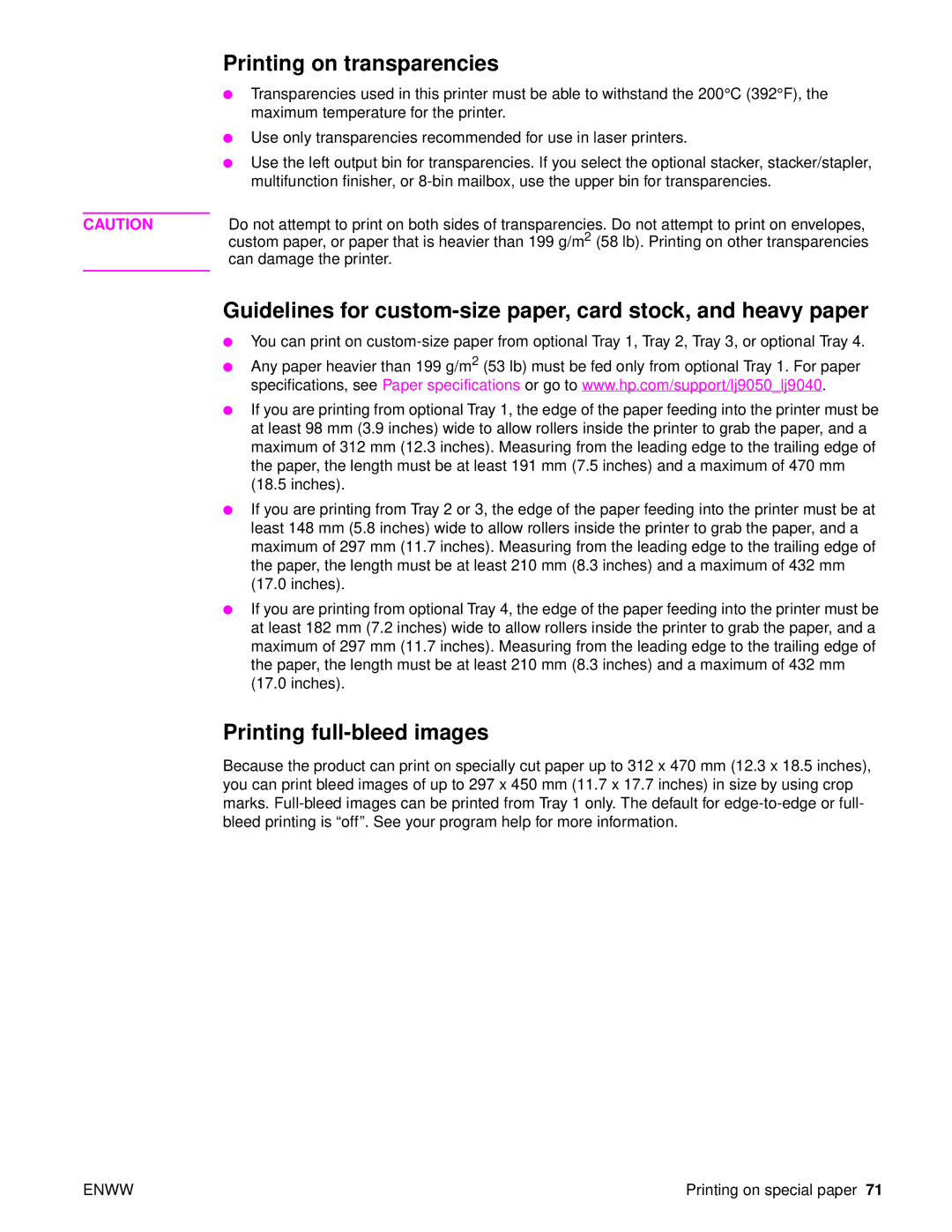 HP 9040, Laser 9050n, 9050DN Laser Q3723A#ABA manual Printing on transparencies, Printing full-bleed images 