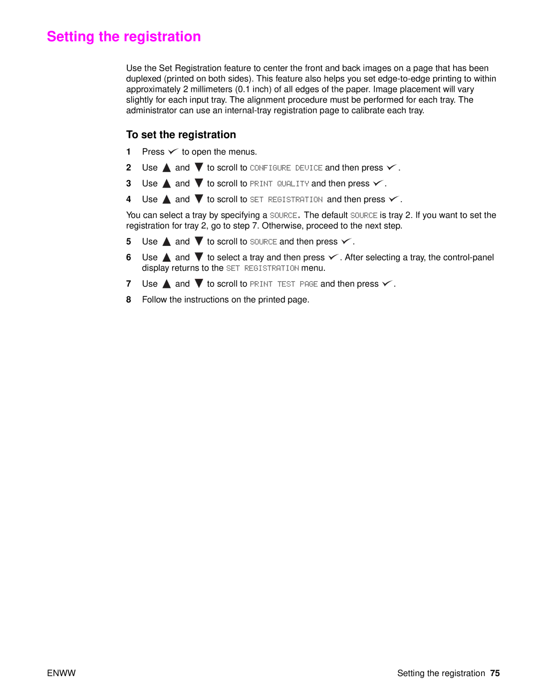 HP 9040, Laser 9050n, 9050DN Laser Q3723A#ABA manual Setting the registration, To set the registration 