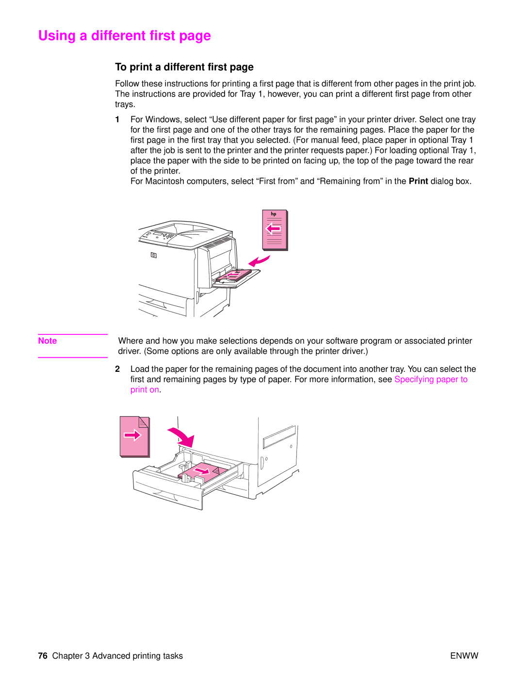 HP Laser 9050n, 9040, 9050DN Laser Q3723A#ABA manual Using a different first, To print a different first 