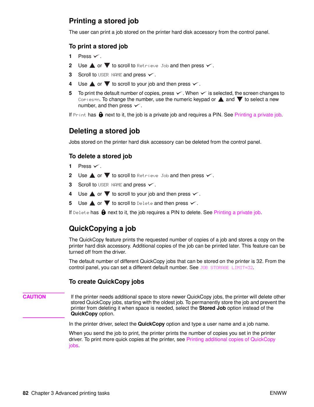 HP Laser 9050n, 9040, 9050DN Laser Q3723A#ABA manual Printing a stored job, Deleting a stored job, QuickCopying a job 