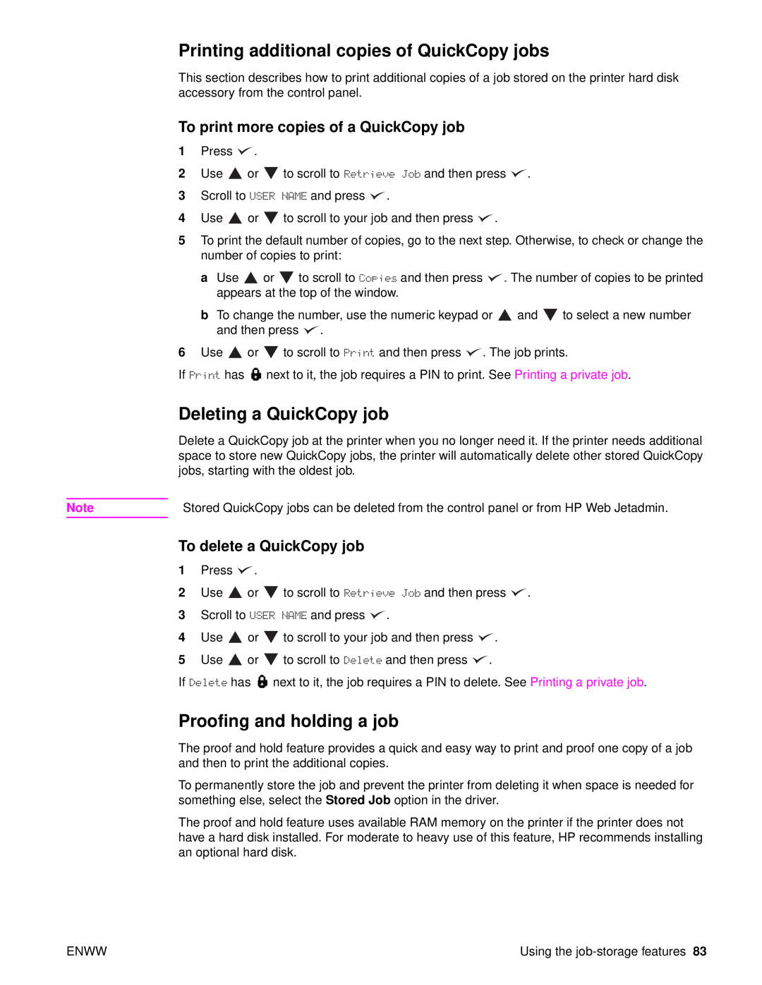 HP 9040, Laser 9050n Printing additional copies of QuickCopy jobs, Deleting a QuickCopy job, Proofing and holding a job 