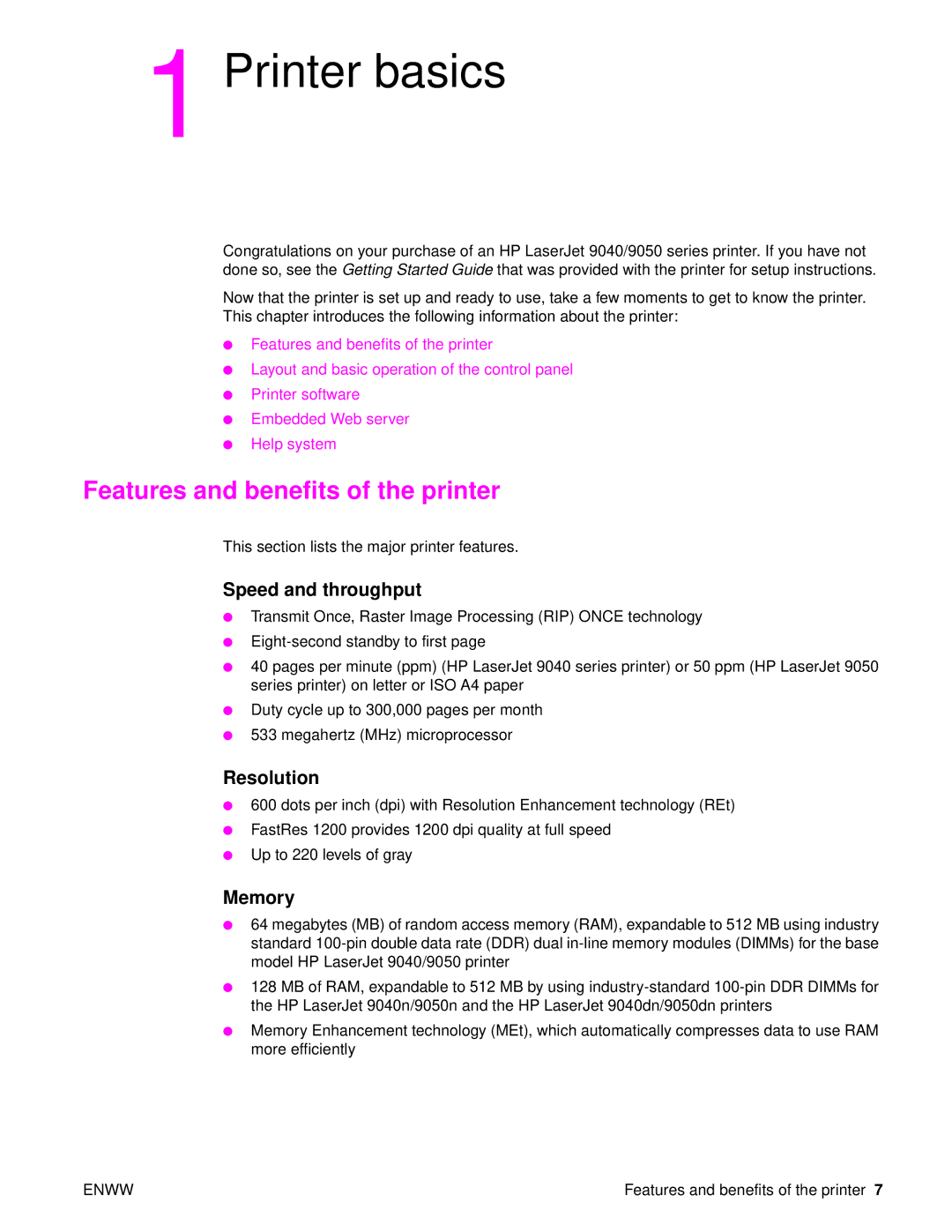 HP 9040, Laser 9050n manual Features and benefits of the printer, Speed and throughput, Resolution, Memory 