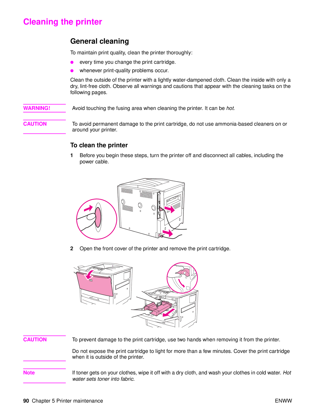 HP Laser 9050n, 9040, 9050DN Laser Q3723A#ABA manual Cleaning the printer, General cleaning, To clean the printer 