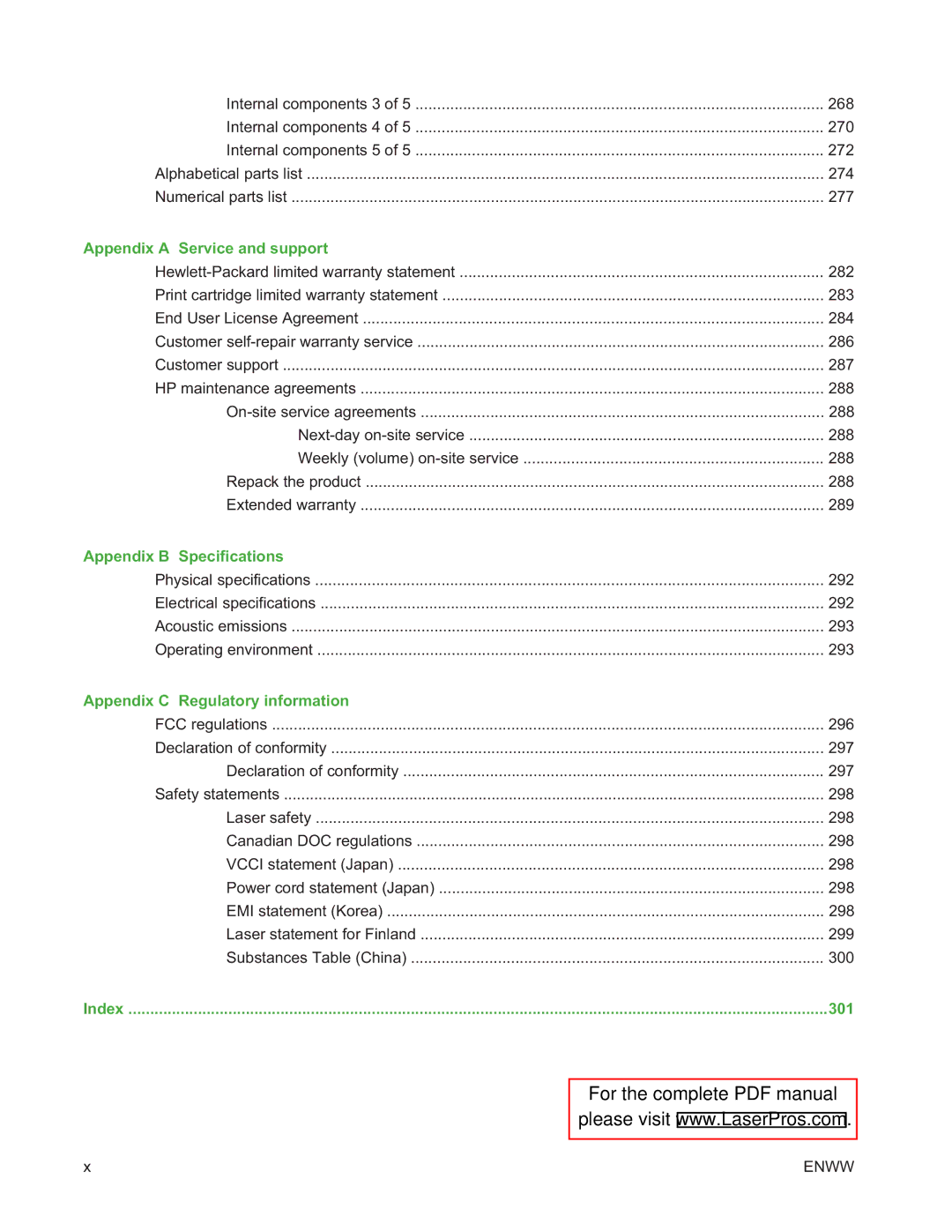 HP Laser CE461A#ABA Appendix a Service and support, Appendix B Specifications, Appendix C Regulatory information, 301 