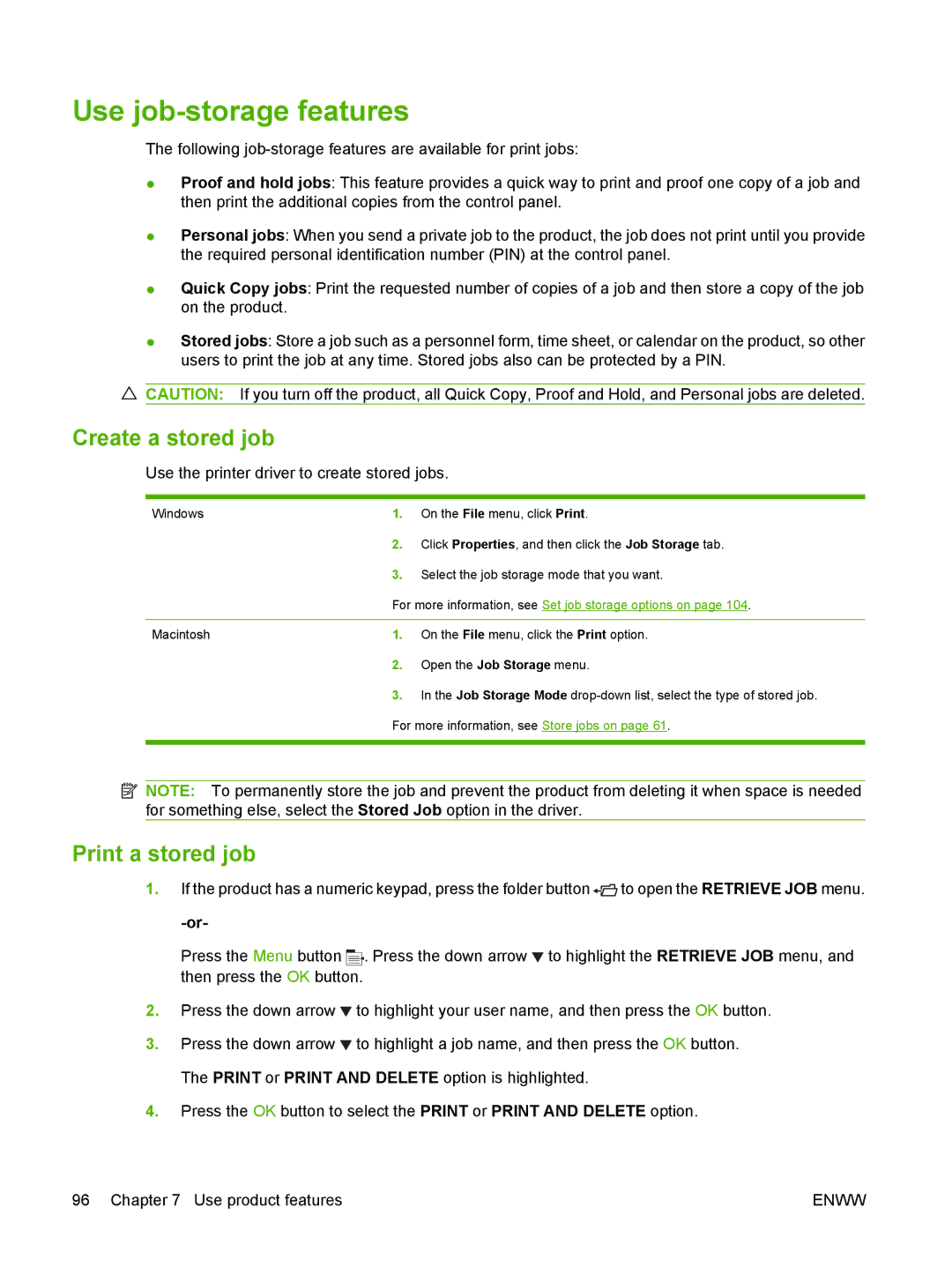 HP Laser CE527A#ABA manual Use job-storage features, Create a stored job, Print a stored job 