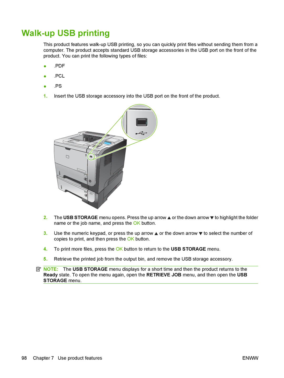 HP Laser CE527A#ABA manual Walk-up USB printing 