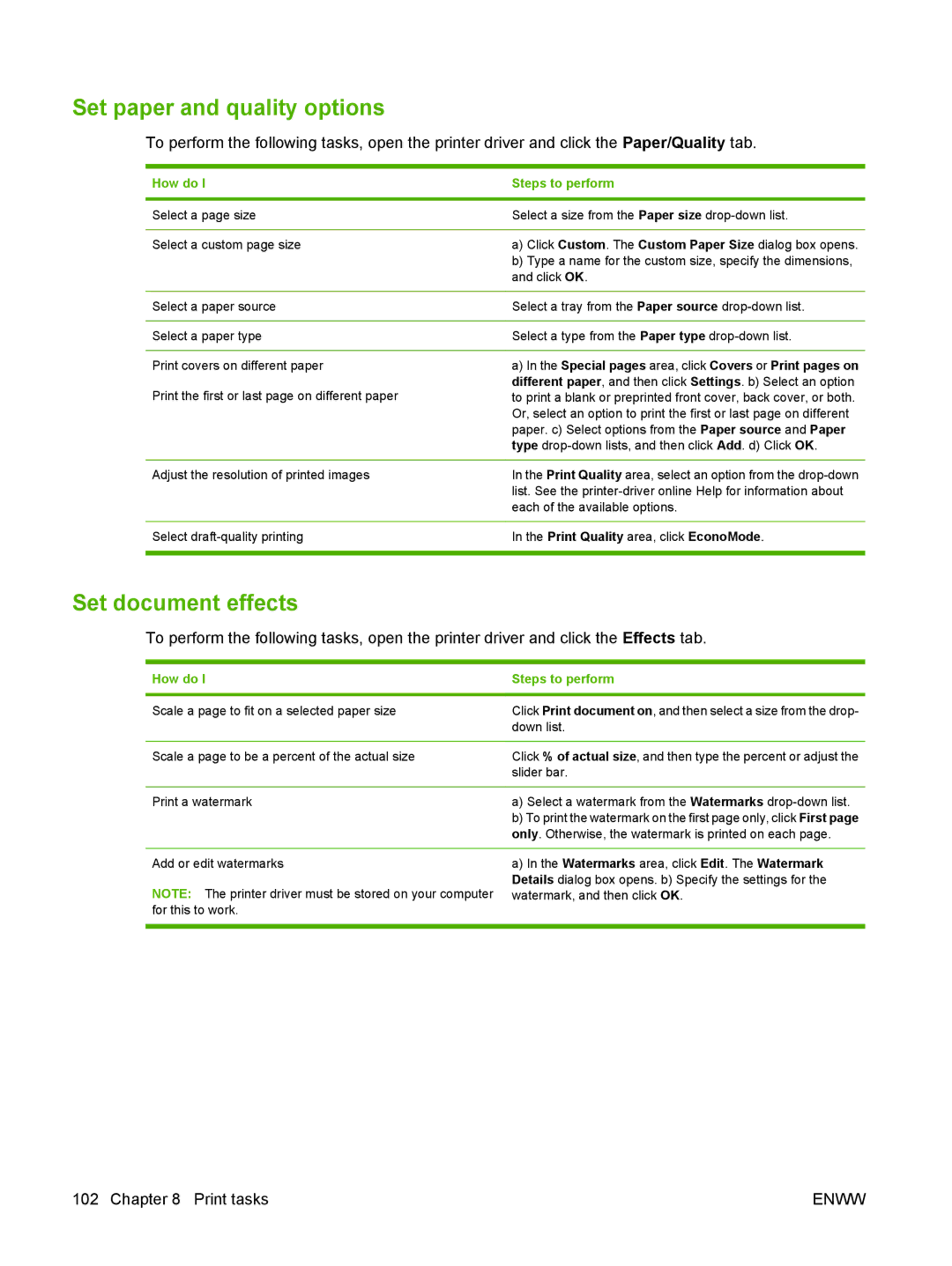 HP Laser CE527A#ABA manual Set paper and quality options, Set document effects, Print Quality area, click EconoMode 