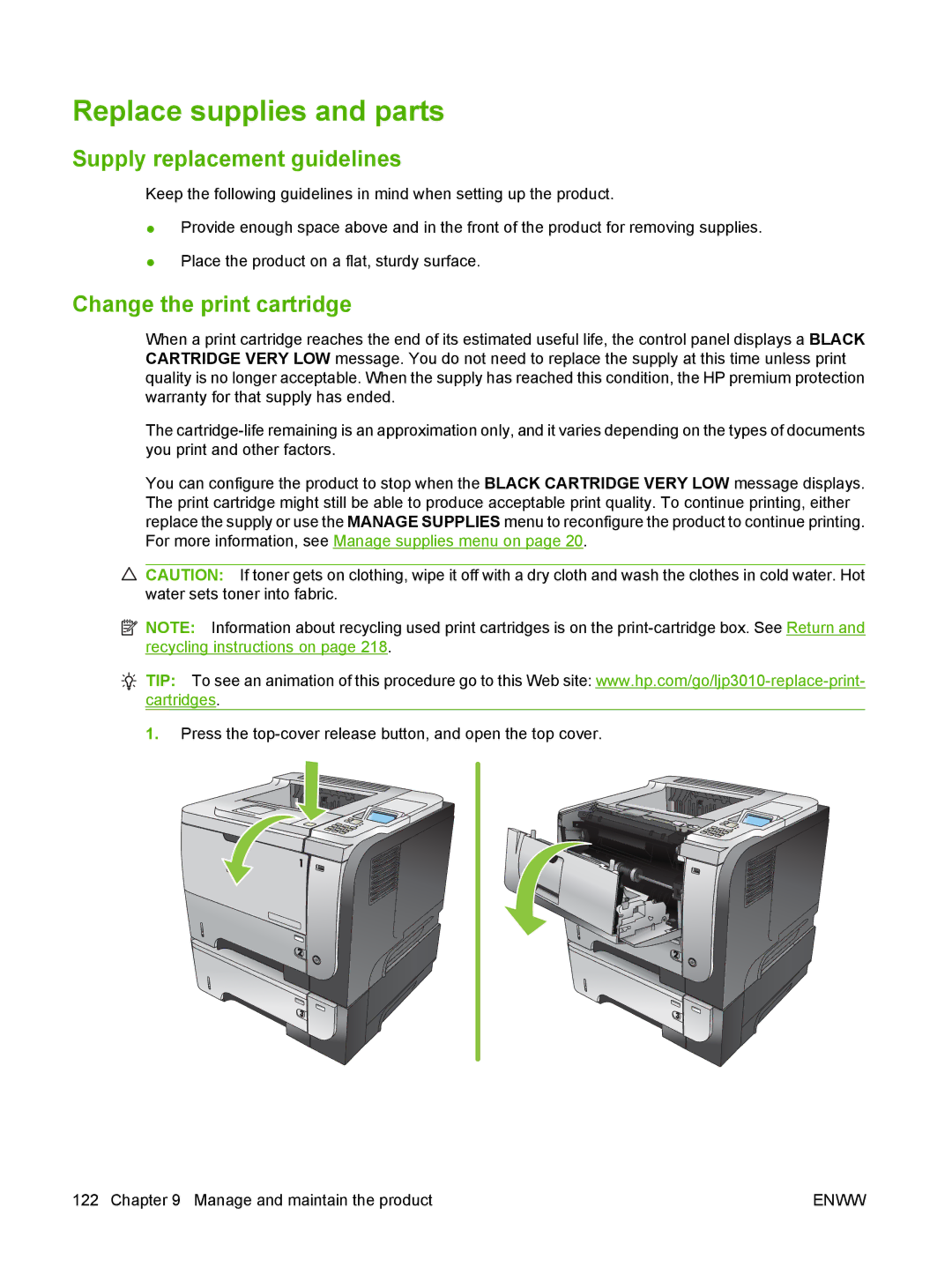 HP Laser CE527A#ABA manual Replace supplies and parts, Supply replacement guidelines, Change the print cartridge 