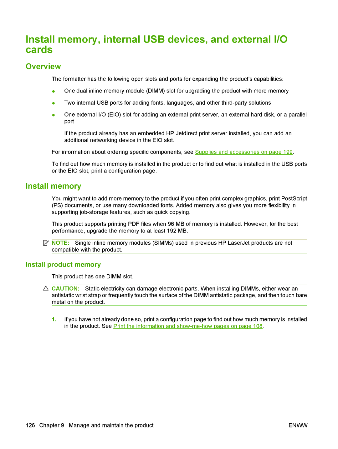 HP Laser CE527A#ABA manual Overview, Install memory, Install product memory 