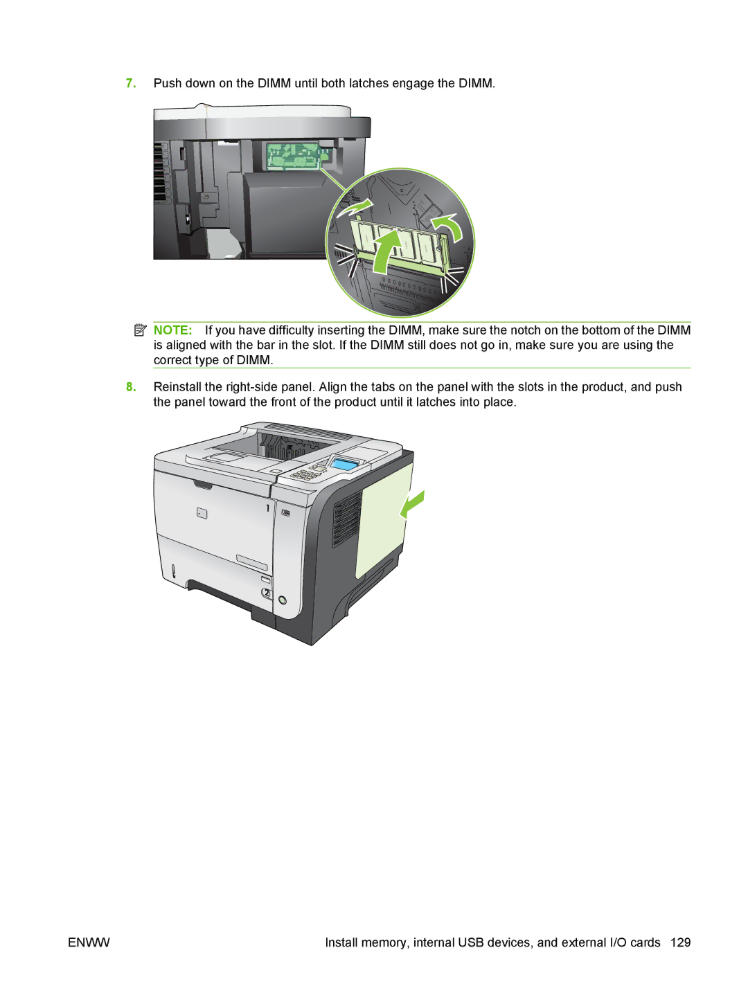 HP Laser CE527A#ABA manual Push down on the Dimm until both latches engage the Dimm 