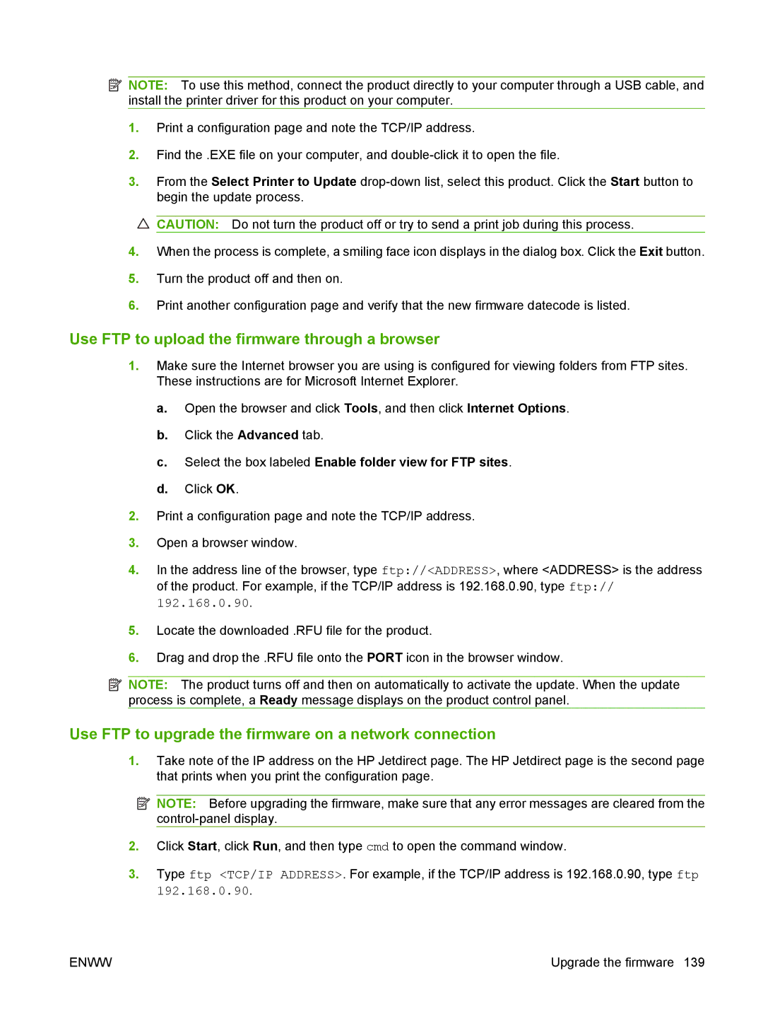 HP Laser CE527A#ABA manual Use FTP to upload the firmware through a browser 