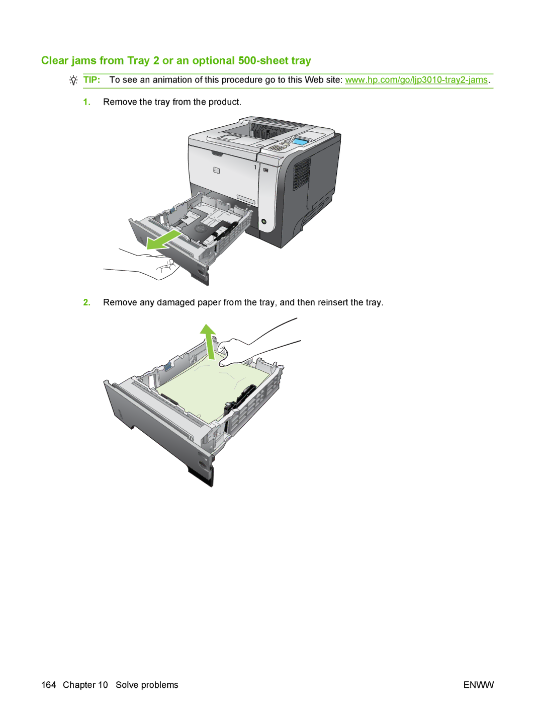 HP Laser CE527A#ABA manual Clear jams from Tray 2 or an optional 500-sheet tray 