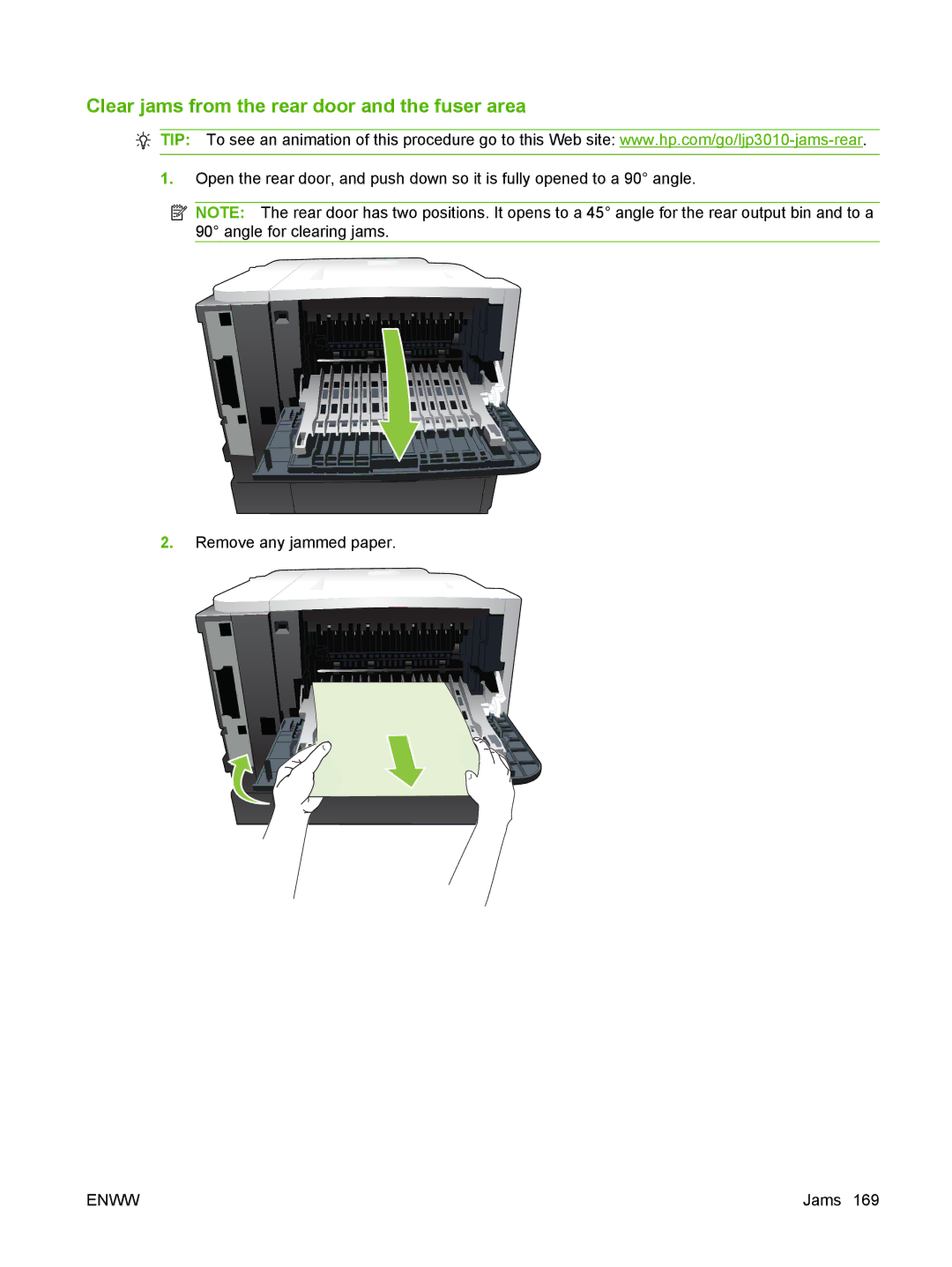 HP Laser CE527A#ABA manual Clear jams from the rear door and the fuser area 