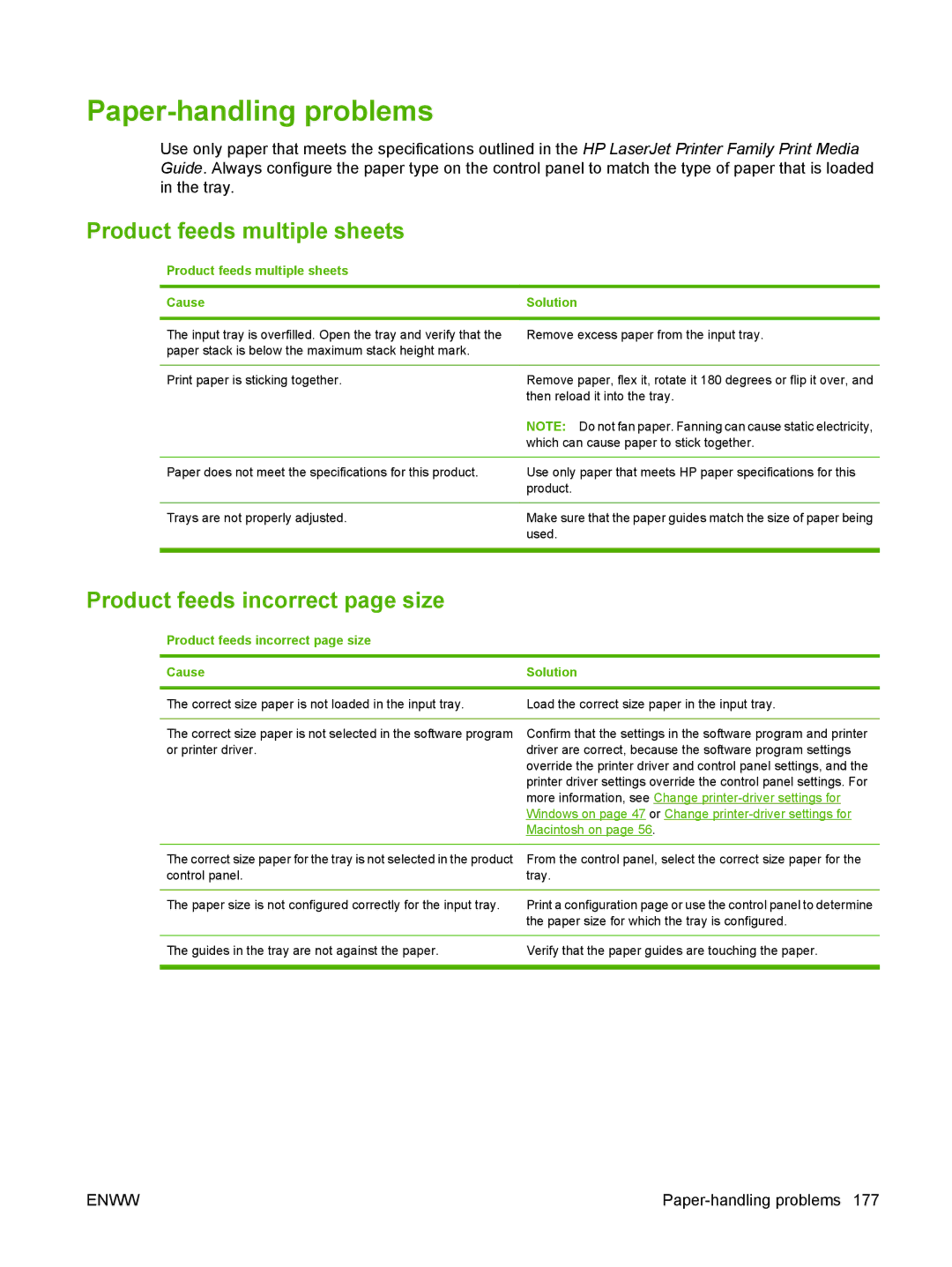 HP Laser CE527A#ABA manual Paper-handling problems, Product feeds multiple sheets, Product feeds incorrect page size 