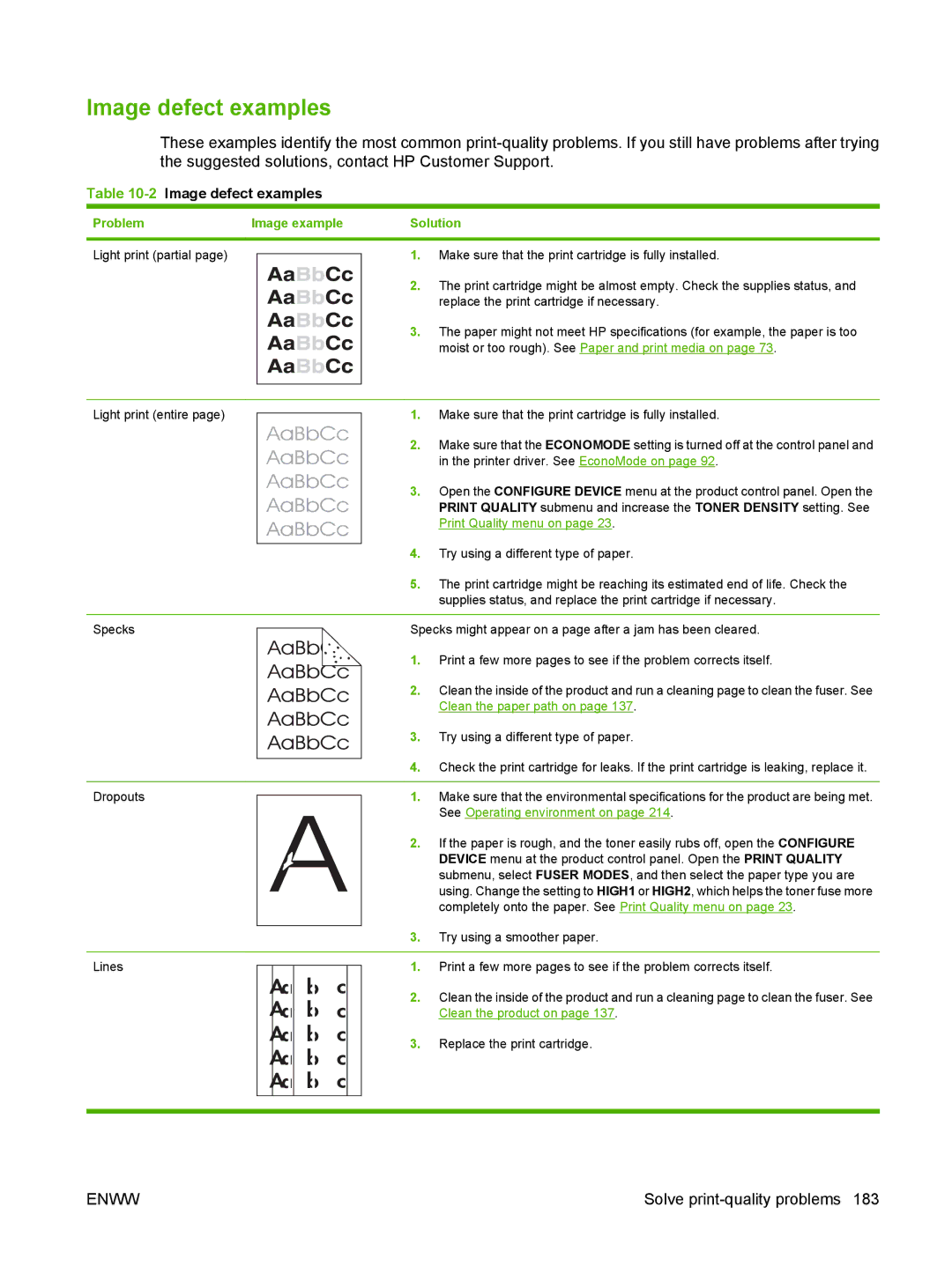 HP Laser CE527A#ABA manual Image defect examples, Problem Image example Solution 