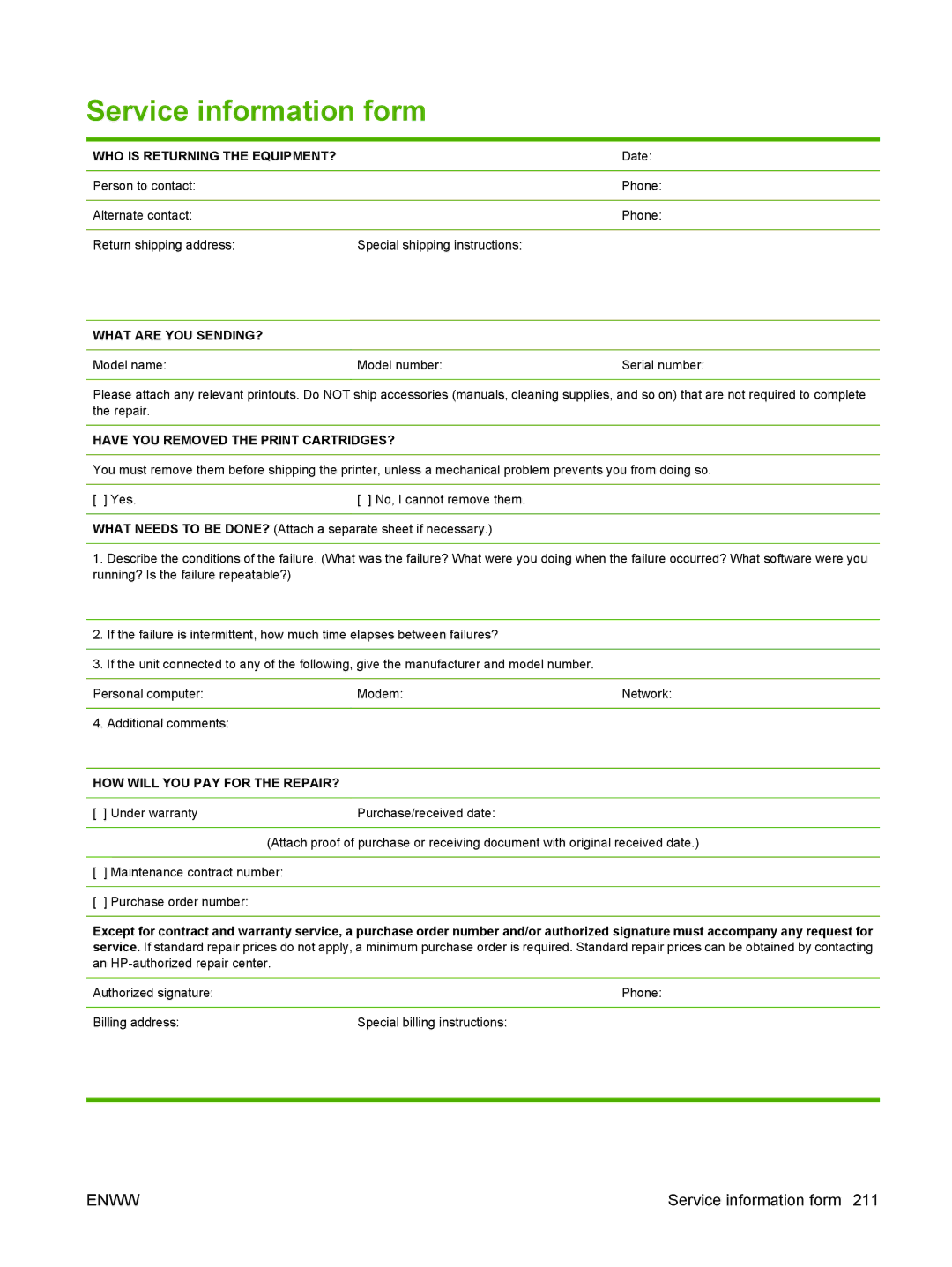 HP Laser CE527A#ABA manual Service information form, WHO is Returning the EQUIPMENT?, What are YOU SENDING? 