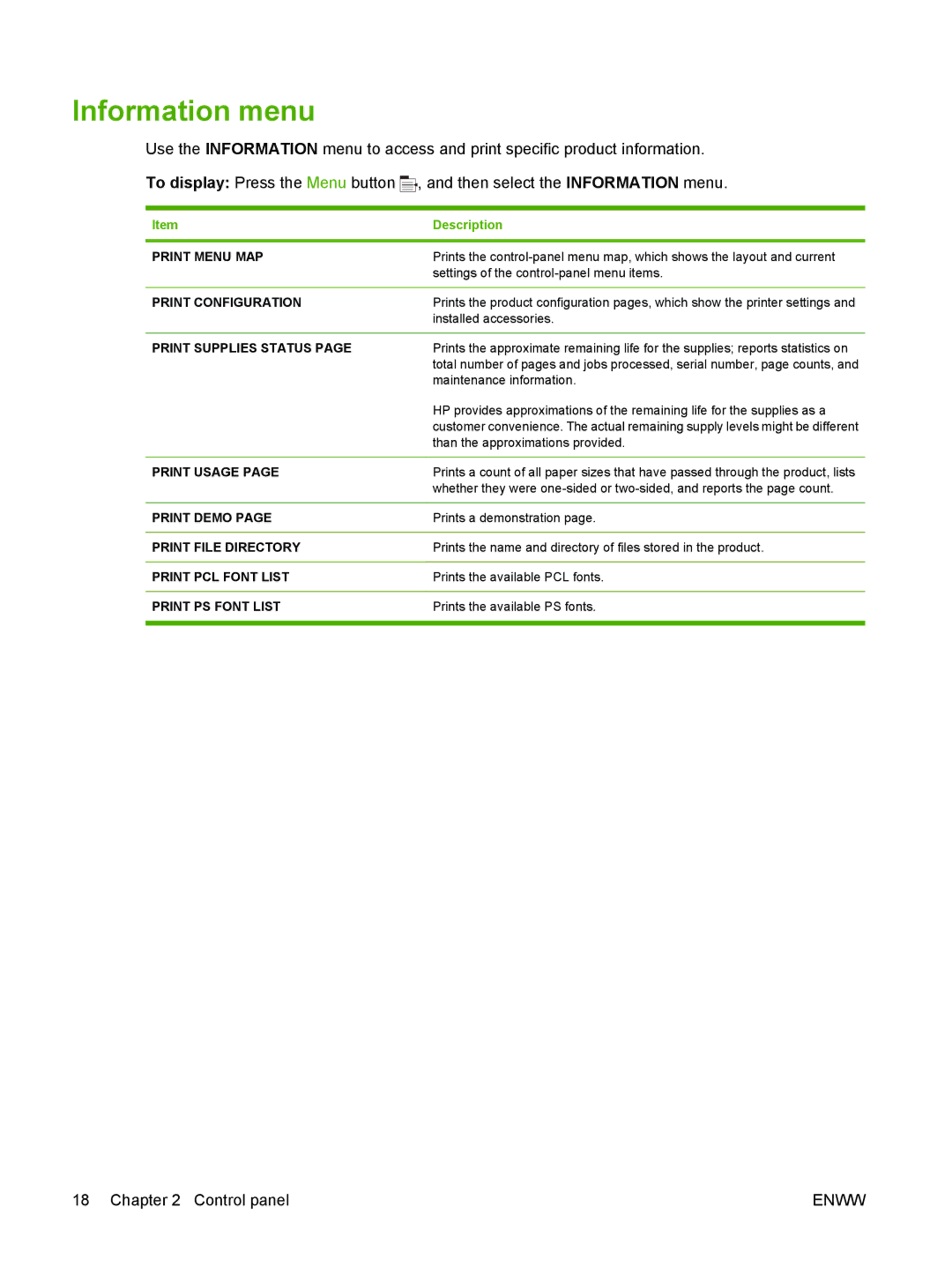 HP Laser CE527A#ABA manual Information menu 