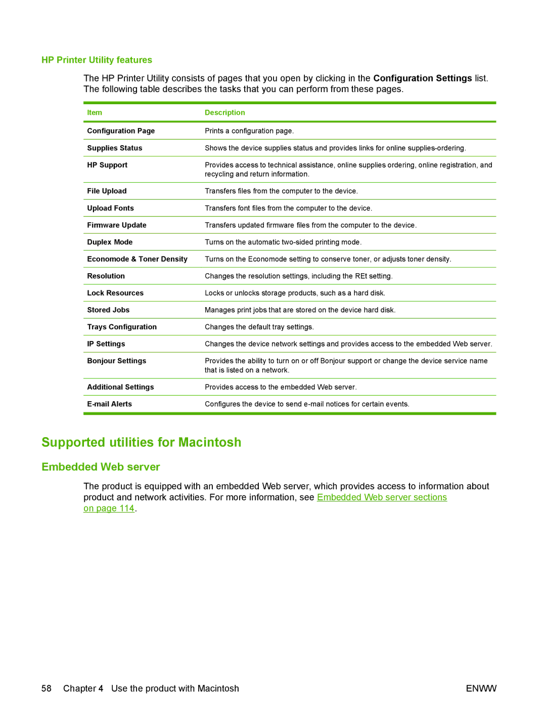 HP Laser CE527A#ABA manual Supported utilities for Macintosh, Embedded Web server, HP Printer Utility features 