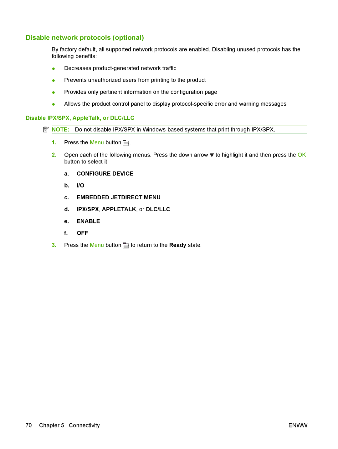 HP Laser CE527A#ABA manual Disable network protocols optional, Disable IPX/SPX, AppleTalk, or DLC/LLC 