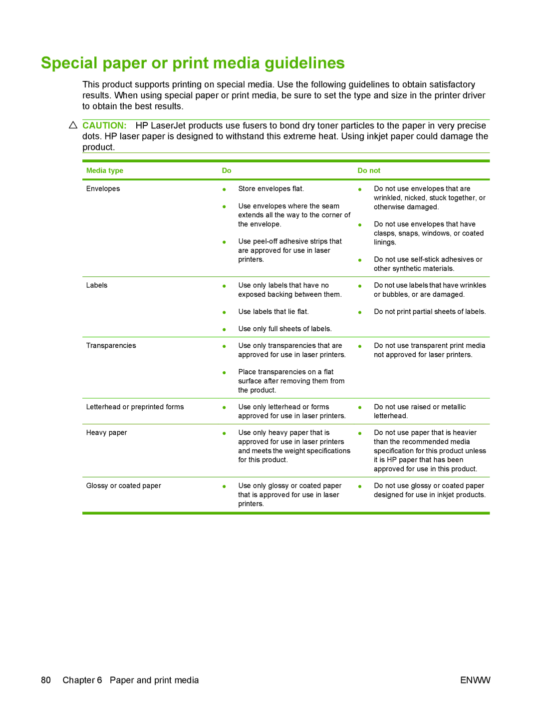 HP Laser CE527A#ABA manual Special paper or print media guidelines, Media type 