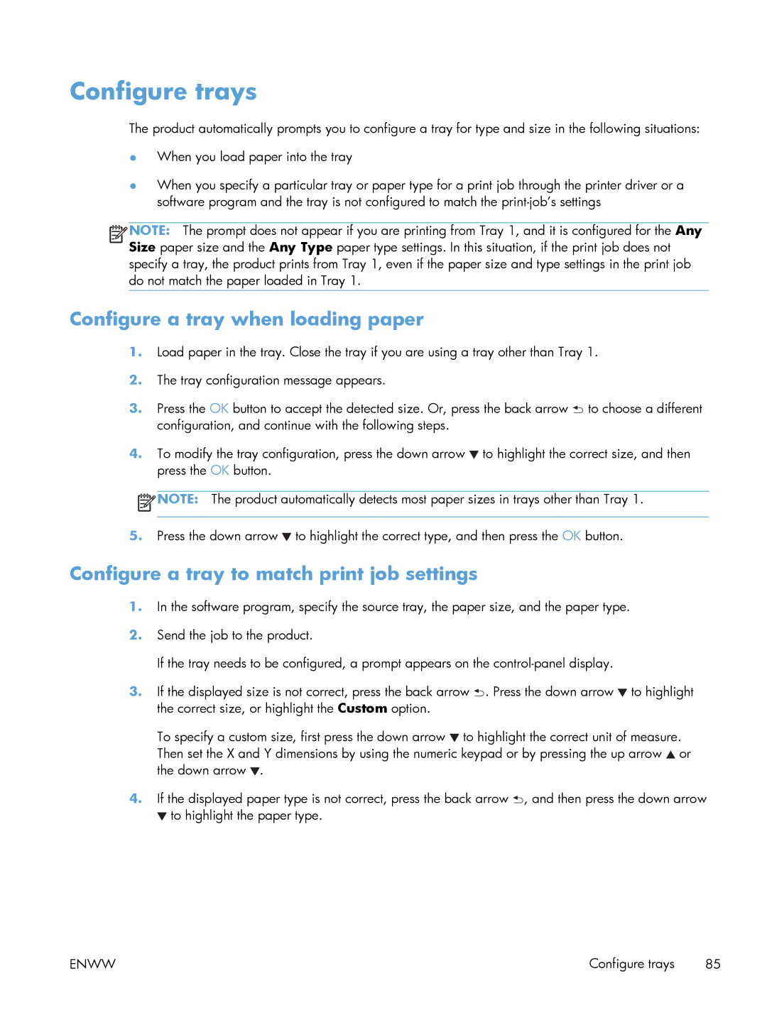 HP Laser M601 manual Configure trays, Configure a tray when loading paper, Configure a tray to match print job settings 