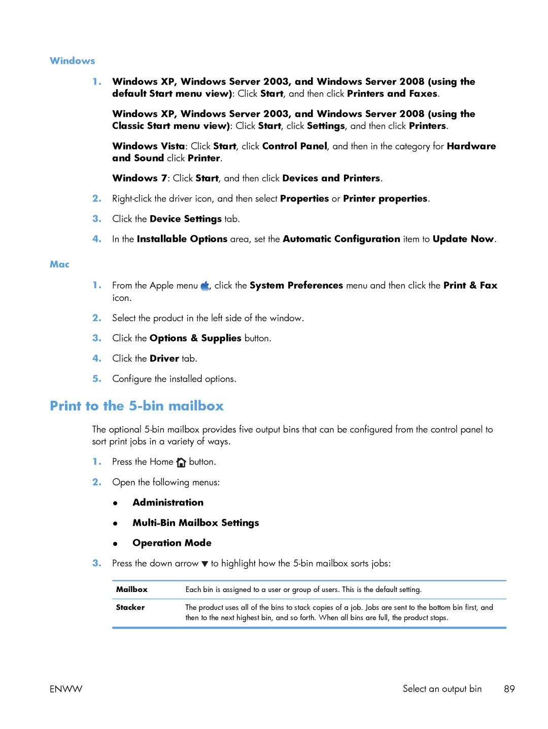 HP Laser M602, Laser M603 manual Print to the 5-bin mailbox, Mac, Administration Multi-Bin Mailbox Settings Operation Mode 