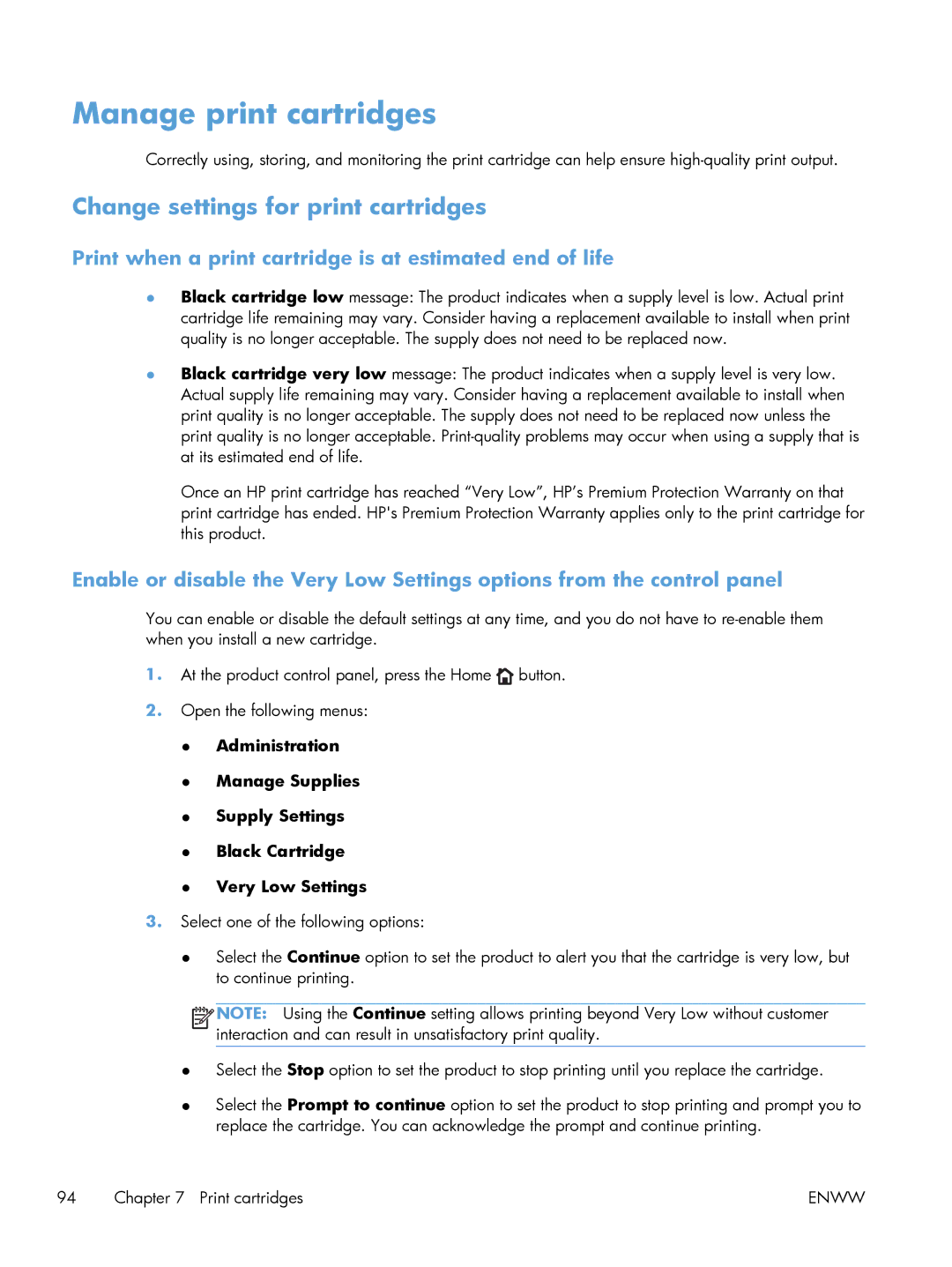 HP Laser M601, Laser M602, Laser M603 manual Manage print cartridges, Change settings for print cartridges 