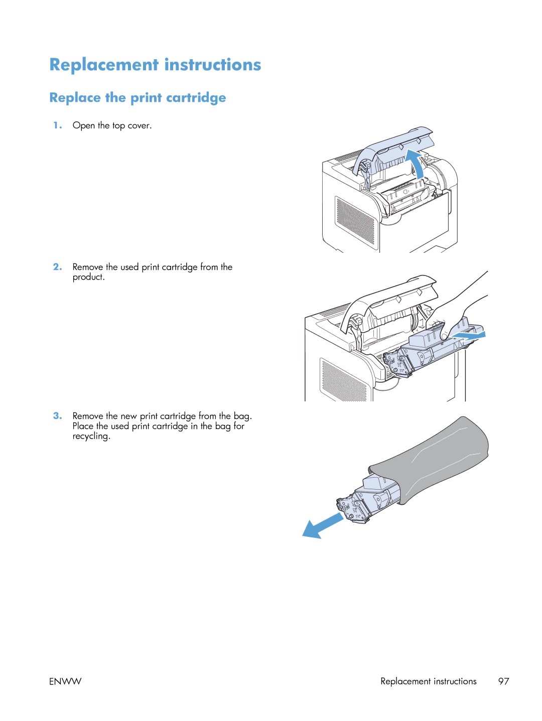 HP Laser M601, Laser M602, Laser M603 manual Replacement instructions, Replace the print cartridge 
