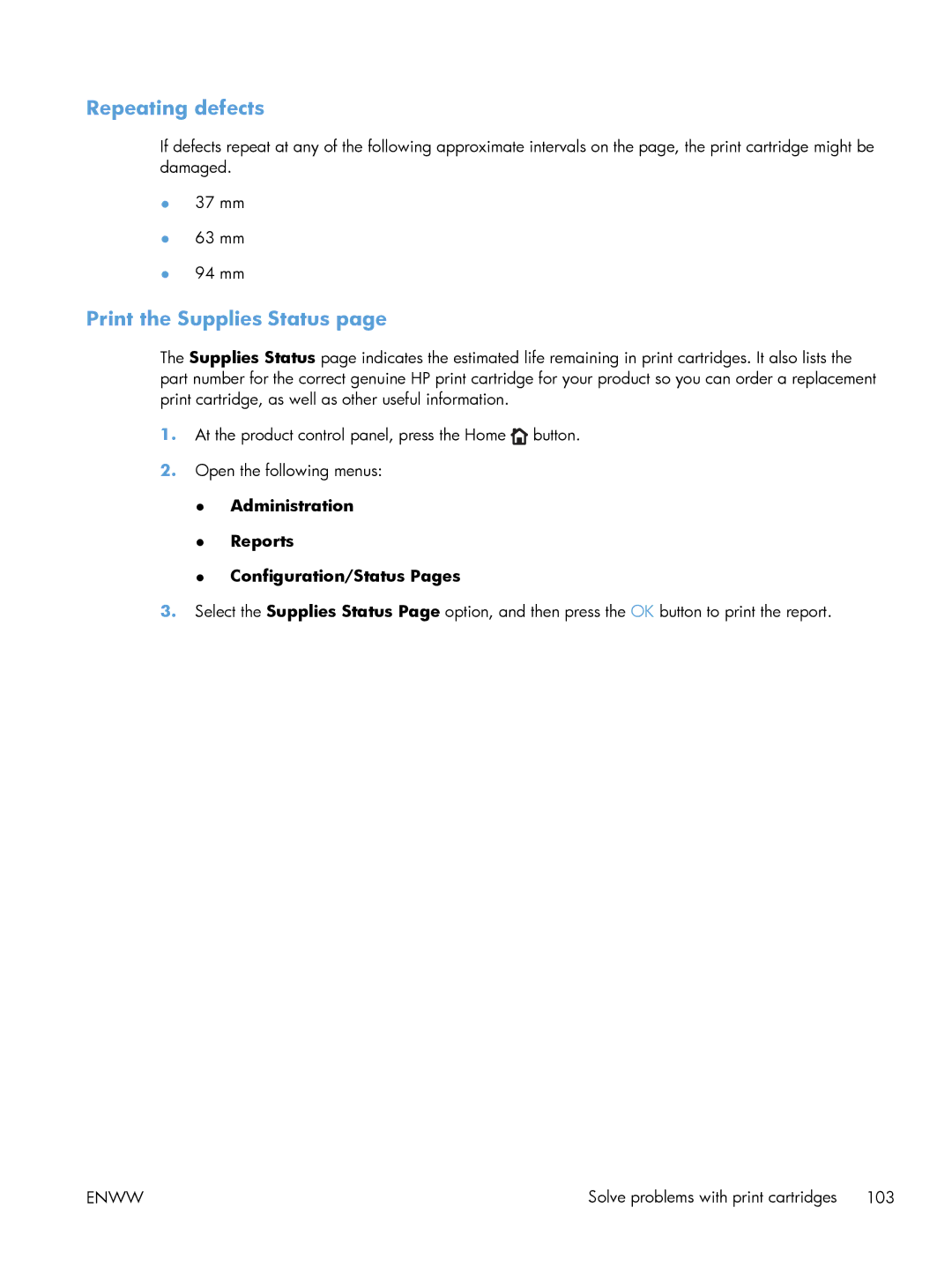 HP Laser M601, Laser M602, Laser M603 manual Repeating defects, Print the Supplies Status 