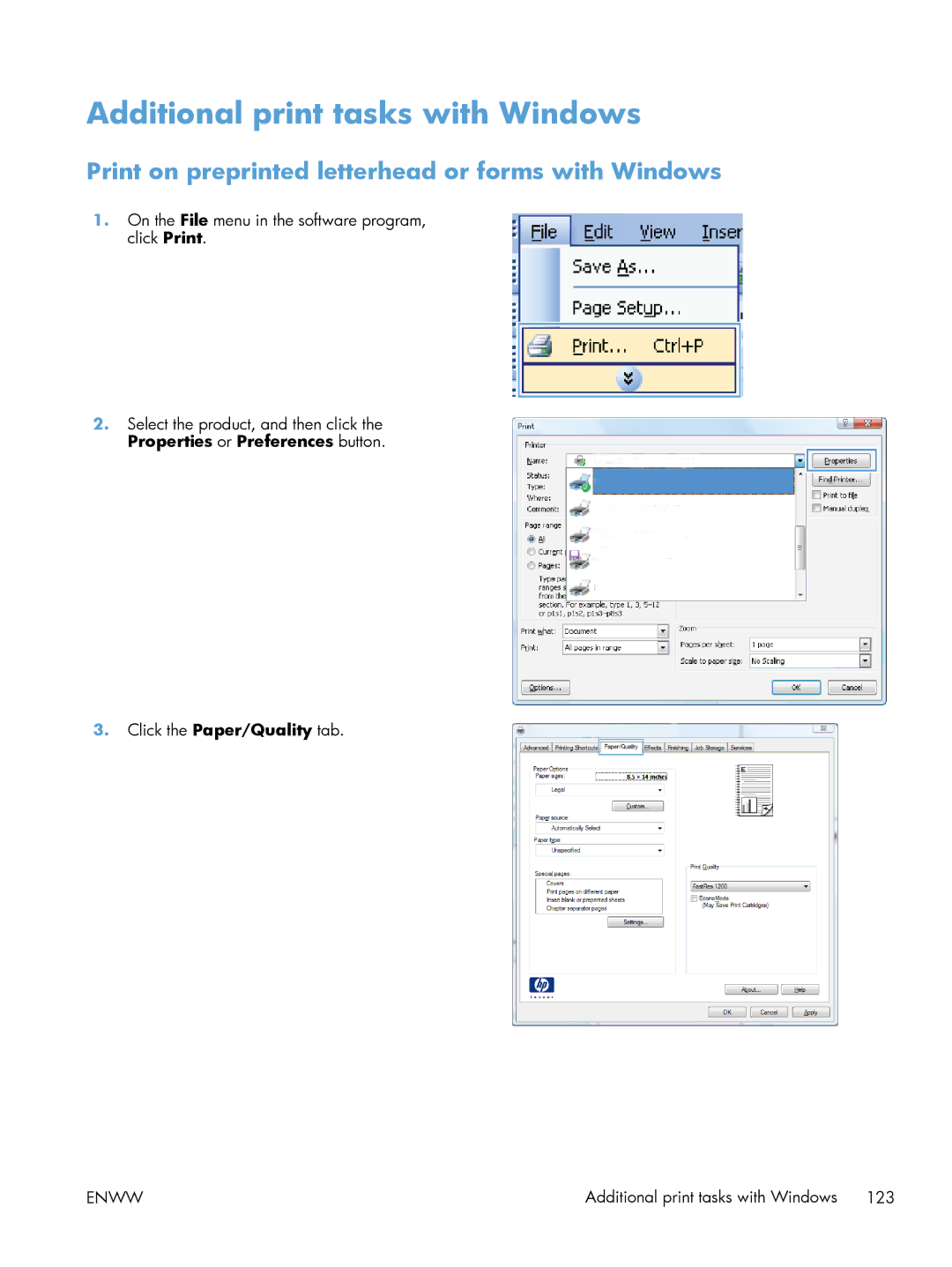 HP Laser M603, Laser M602 manual Additional print tasks with Windows, Print on preprinted letterhead or forms with Windows 