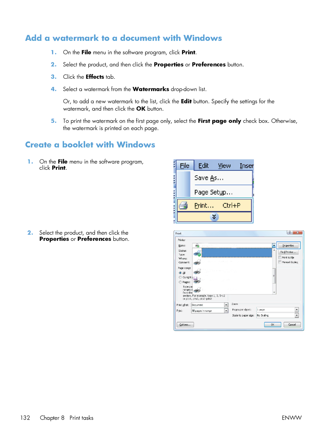 HP Laser M603, Laser M602, Laser M601 manual Add a watermark to a document with Windows, Create a booklet with Windows 