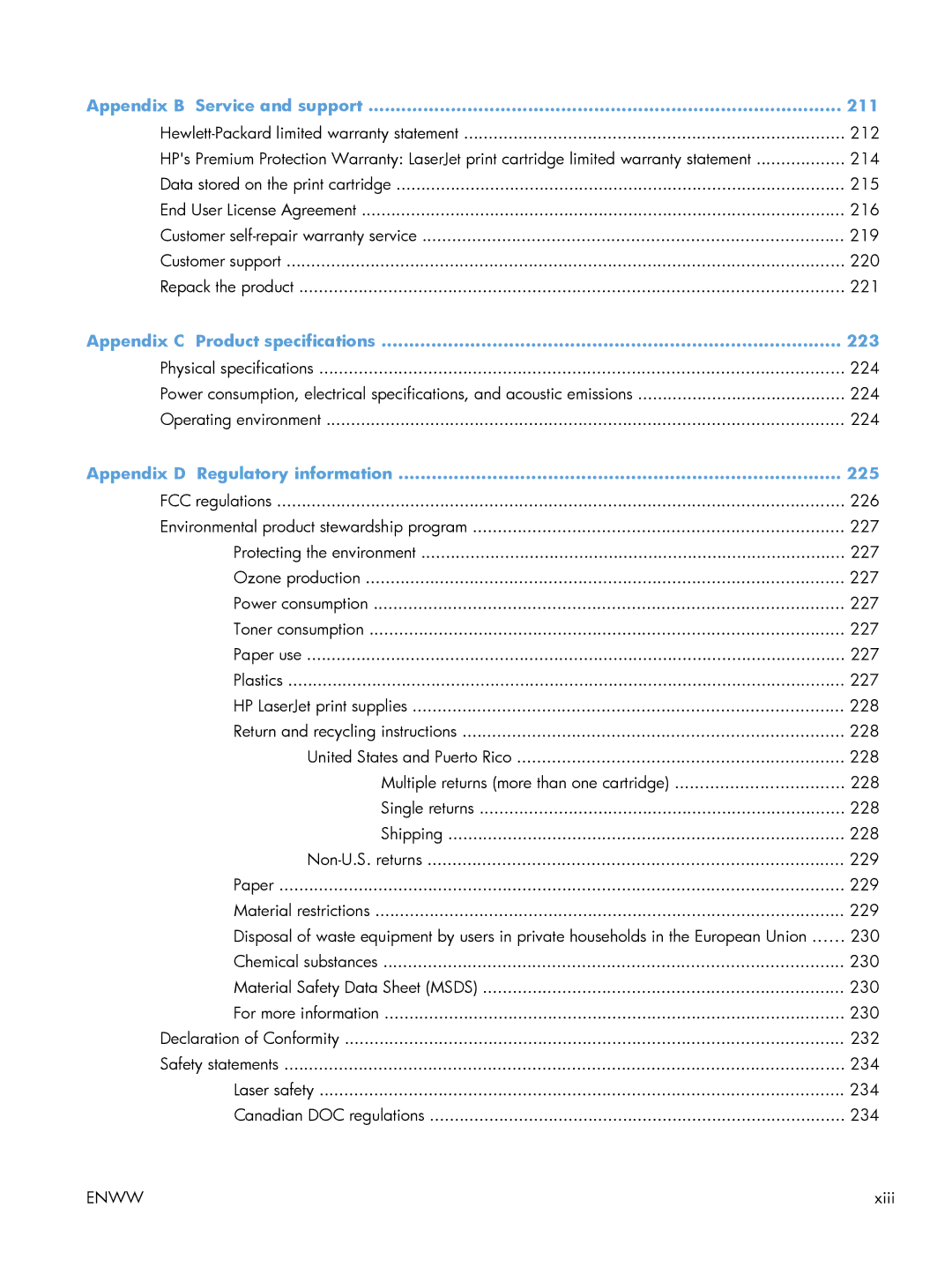 HP Laser M602, Laser M603, Laser M601 manual Appendix B Service and support 211, Appendix C Product specifications 223 