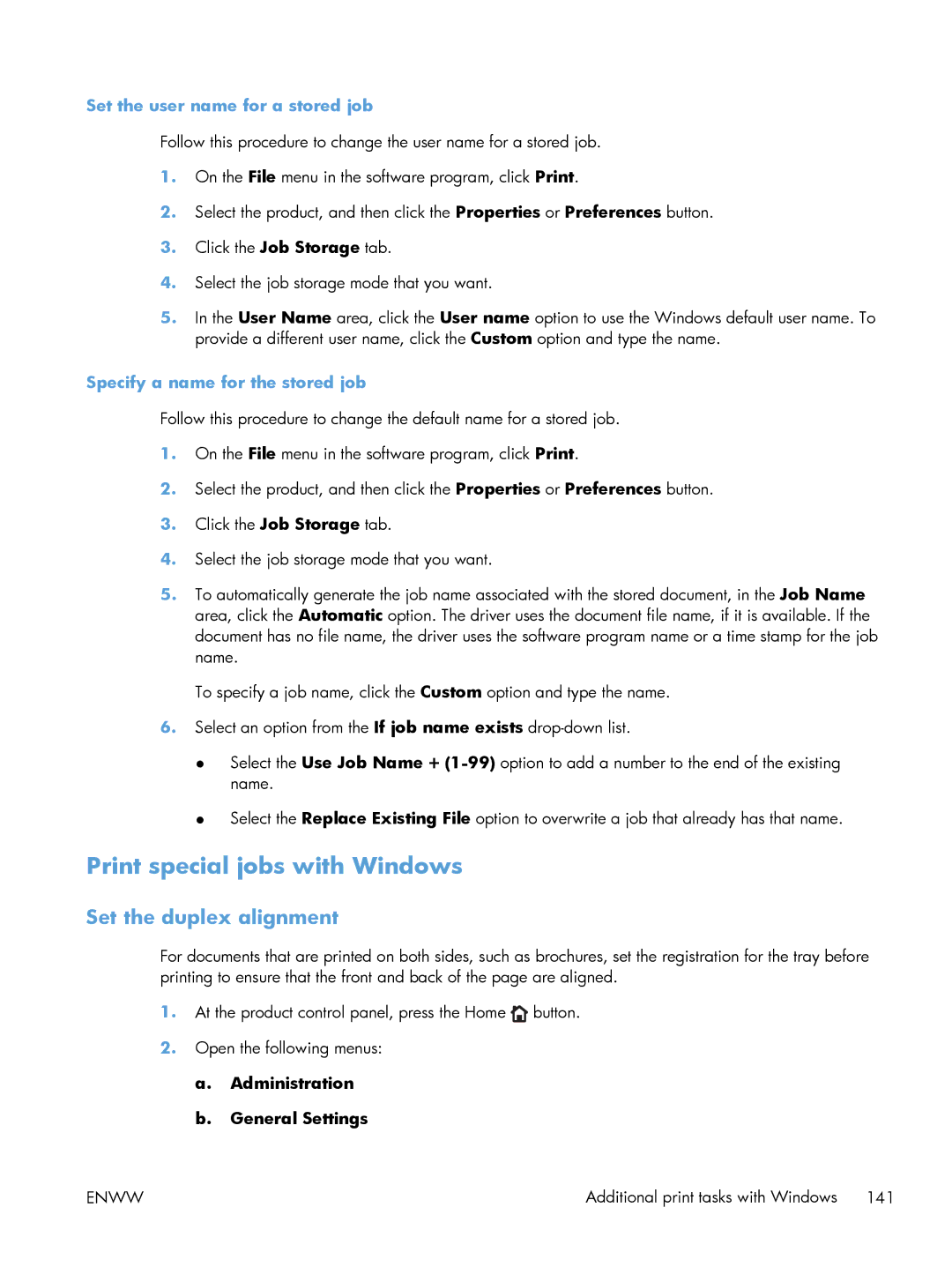 HP Laser M603, Laser M602 Print special jobs with Windows, Set the duplex alignment, Set the user name for a stored job 