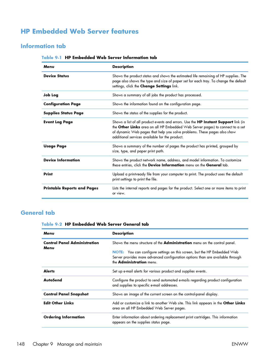 HP Laser M601, Laser M602 manual HP Embedded Web Server features, General tab, 1HP Embedded Web Server Information tab 