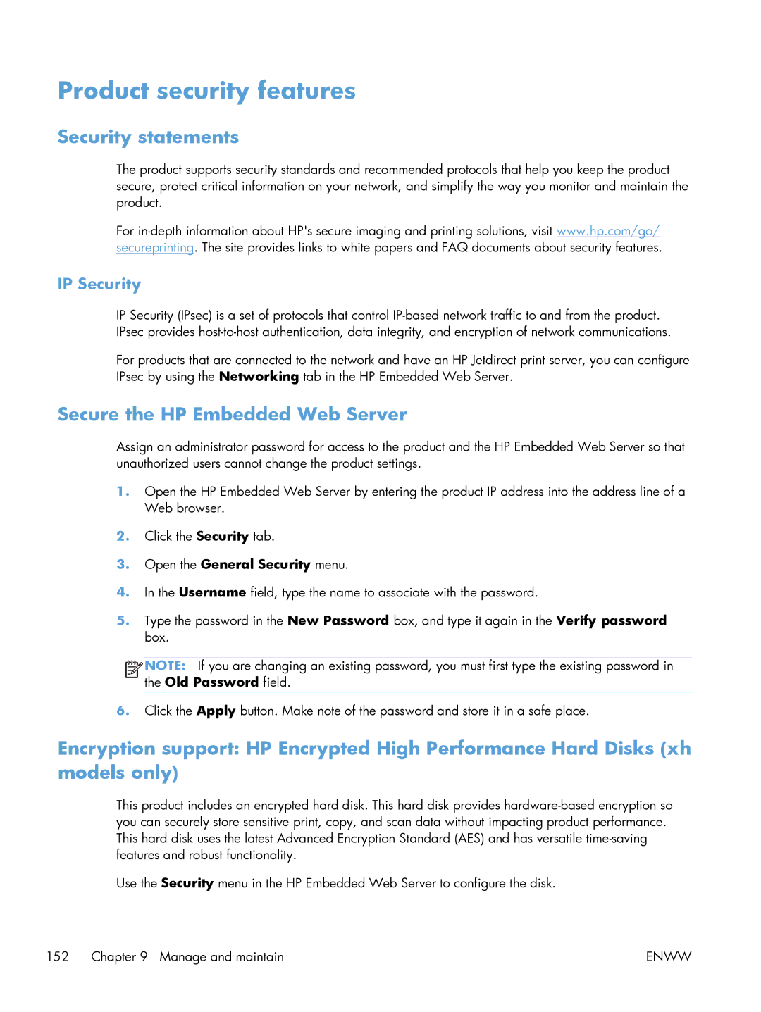 HP Laser M602, Laser M603 Product security features, Security statements, Secure the HP Embedded Web Server, IP Security 