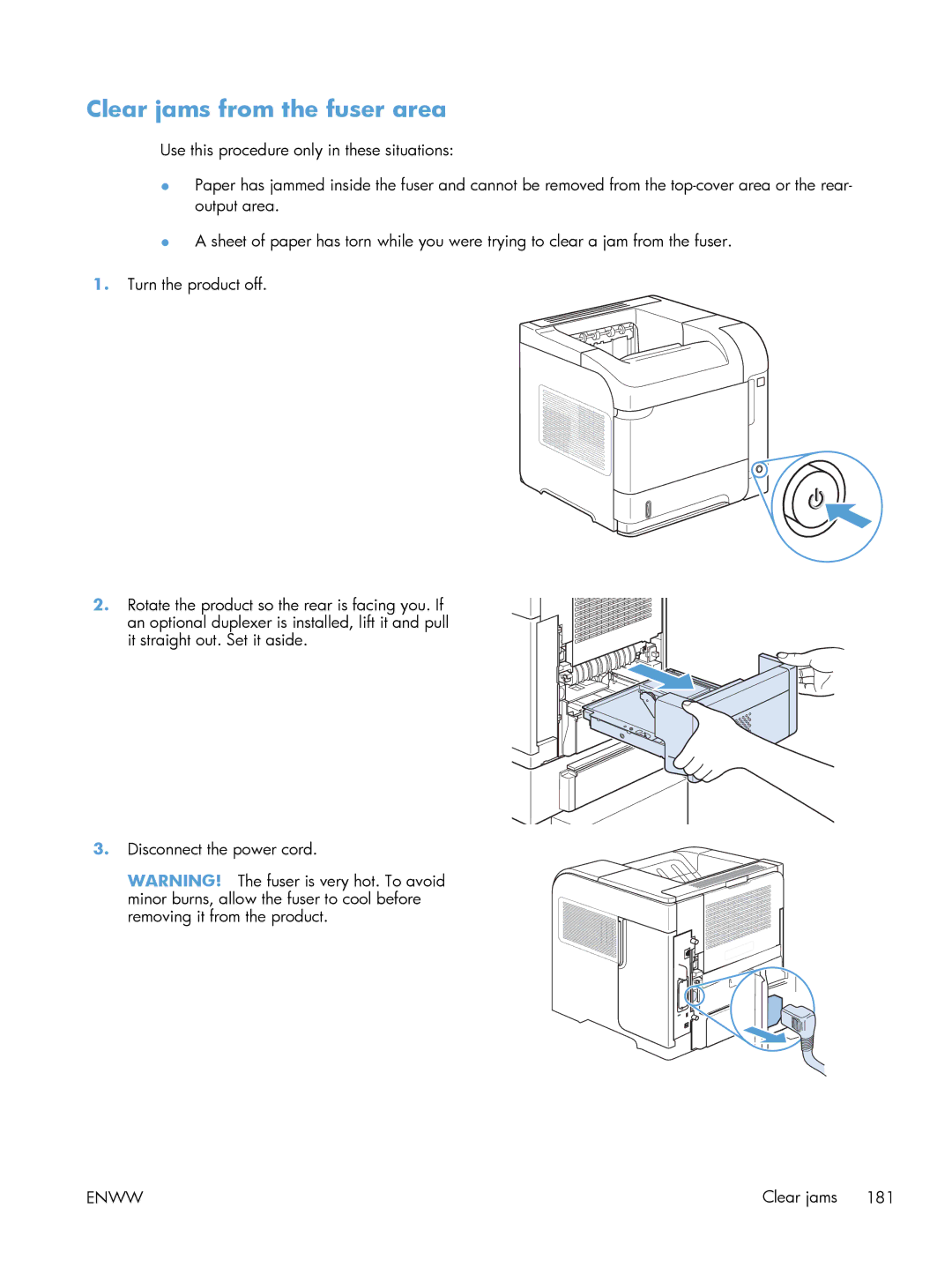 HP Laser M601, Laser M602, Laser M603 manual Clear jams from the fuser area 