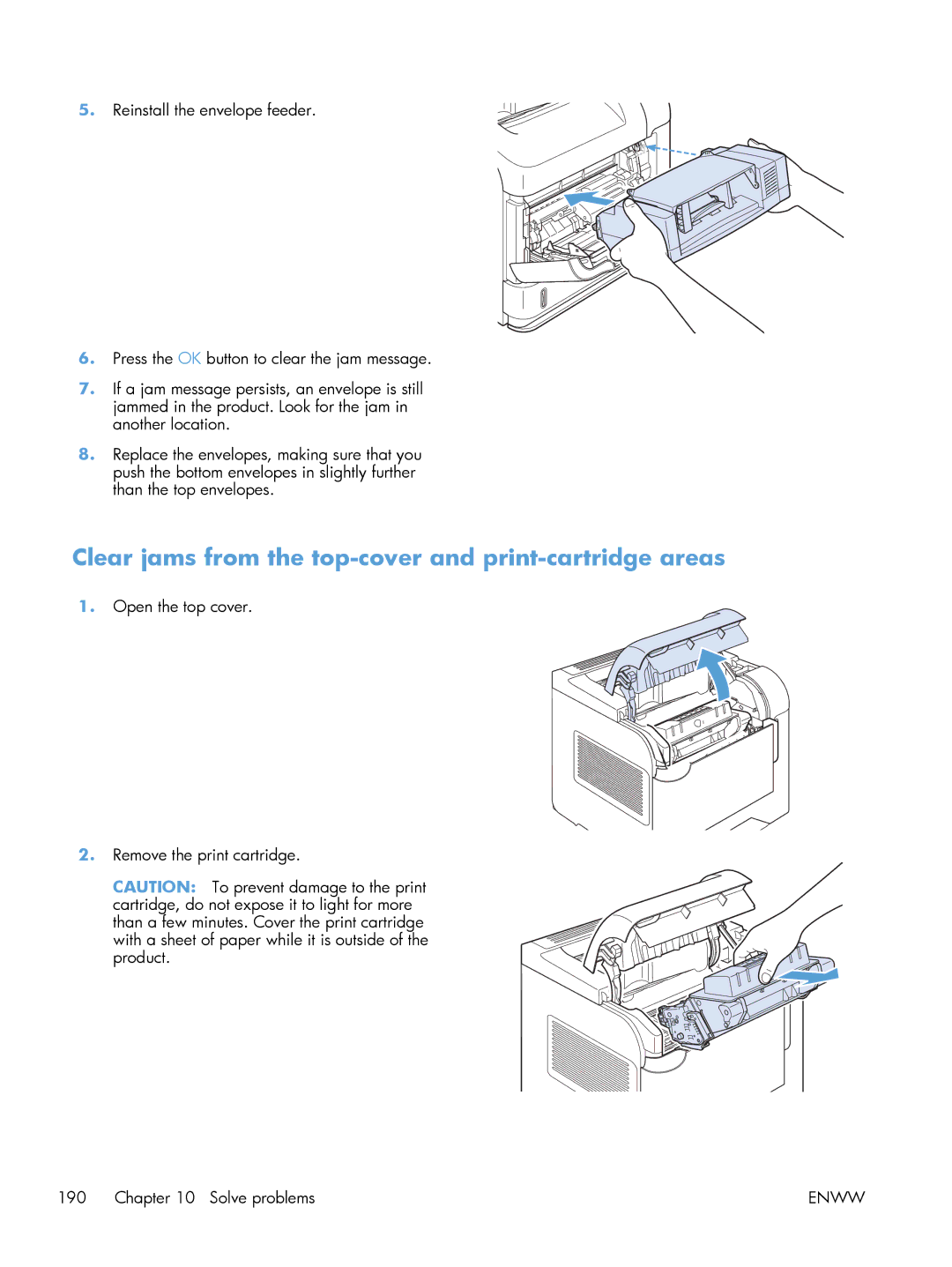 HP Laser M601, Laser M602, Laser M603 manual Clear jams from the top-cover and print-cartridge areas 