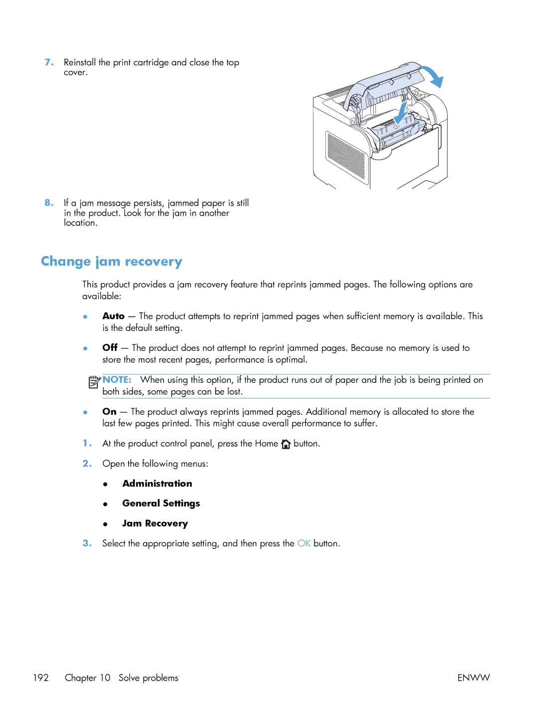 HP Laser M603, Laser M602, Laser M601 manual Change jam recovery, Administration General Settings Jam Recovery 