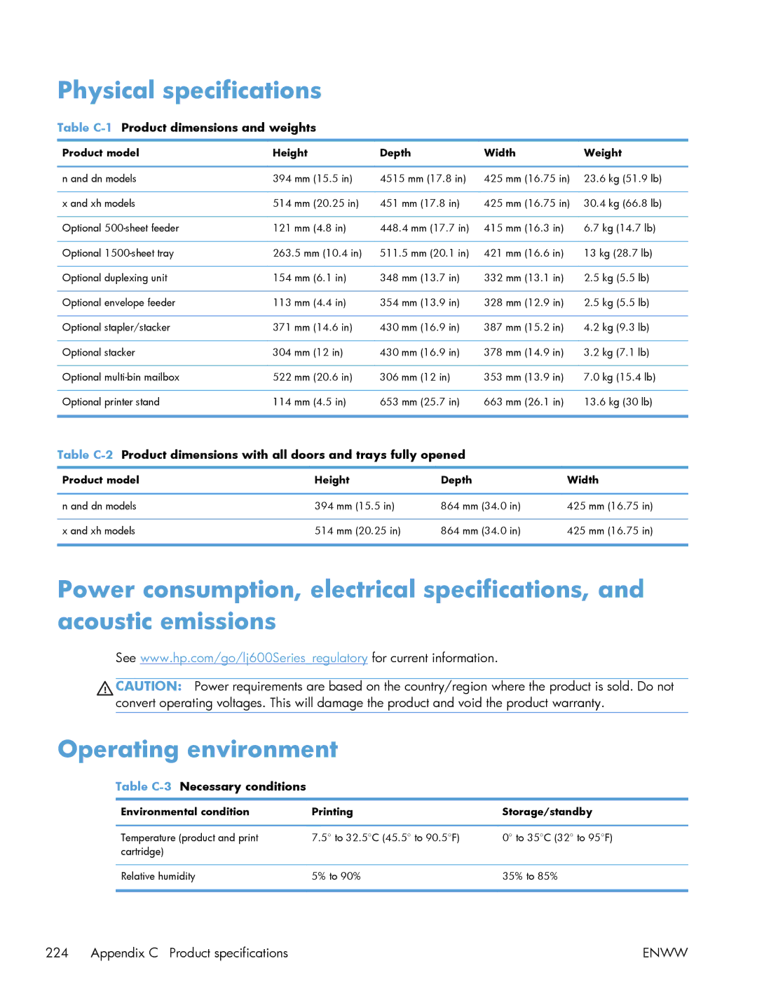 HP Laser M602, Laser M603 Physical specifications, Table C-1Product dimensions and weights, Table C-3Necessary conditions 