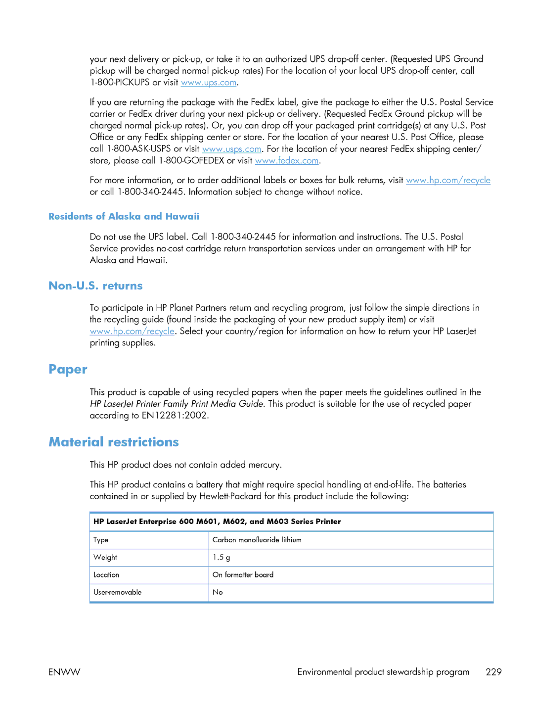 HP Laser M601, Laser M602, Laser M603 manual Paper, Material restrictions, Non-U.S. returns, Residents of Alaska and Hawaii 