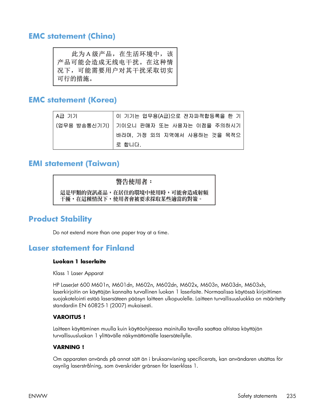 HP Laser M601, Laser M602, Laser M603 manual Laser statement for Finland, Luokan 1 laserlaite 