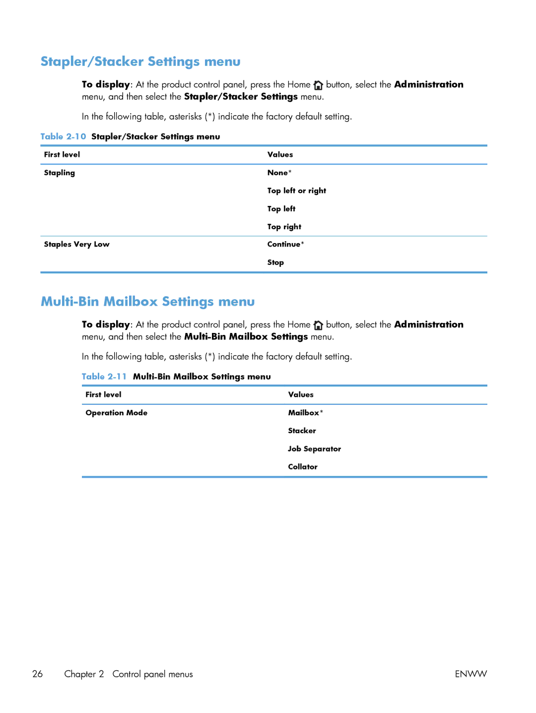 HP Laser M602, Laser M603, Laser M601 manual 10Stapler/Stacker Settings menu, 11Multi-Bin Mailbox Settings menu 