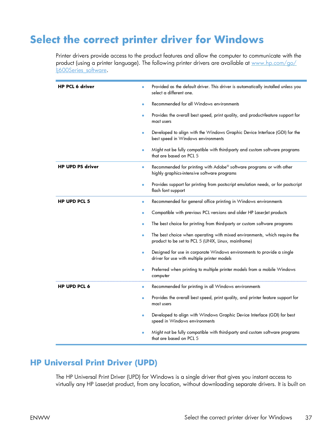 HP Laser M601, Laser M602 Select the correct printer driver for Windows, HP Universal Print Driver UPD, HP PCL 6 driver 