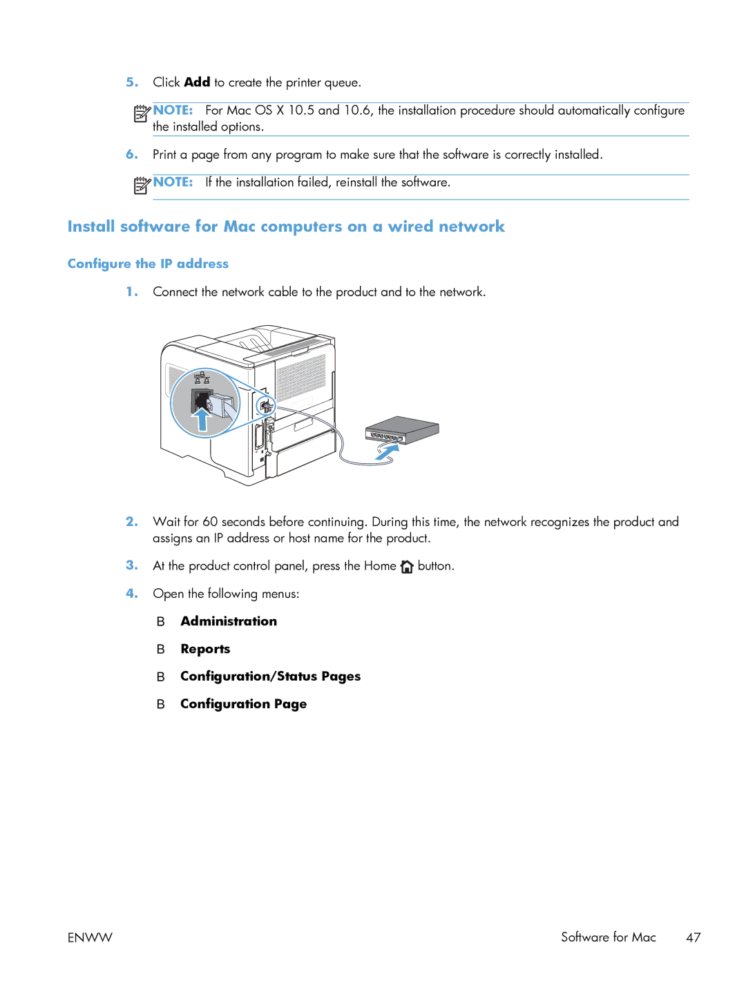 HP Laser M602, Laser M603, Laser M601 manual Install software for Mac computers on a wired network, Configure the IP address 