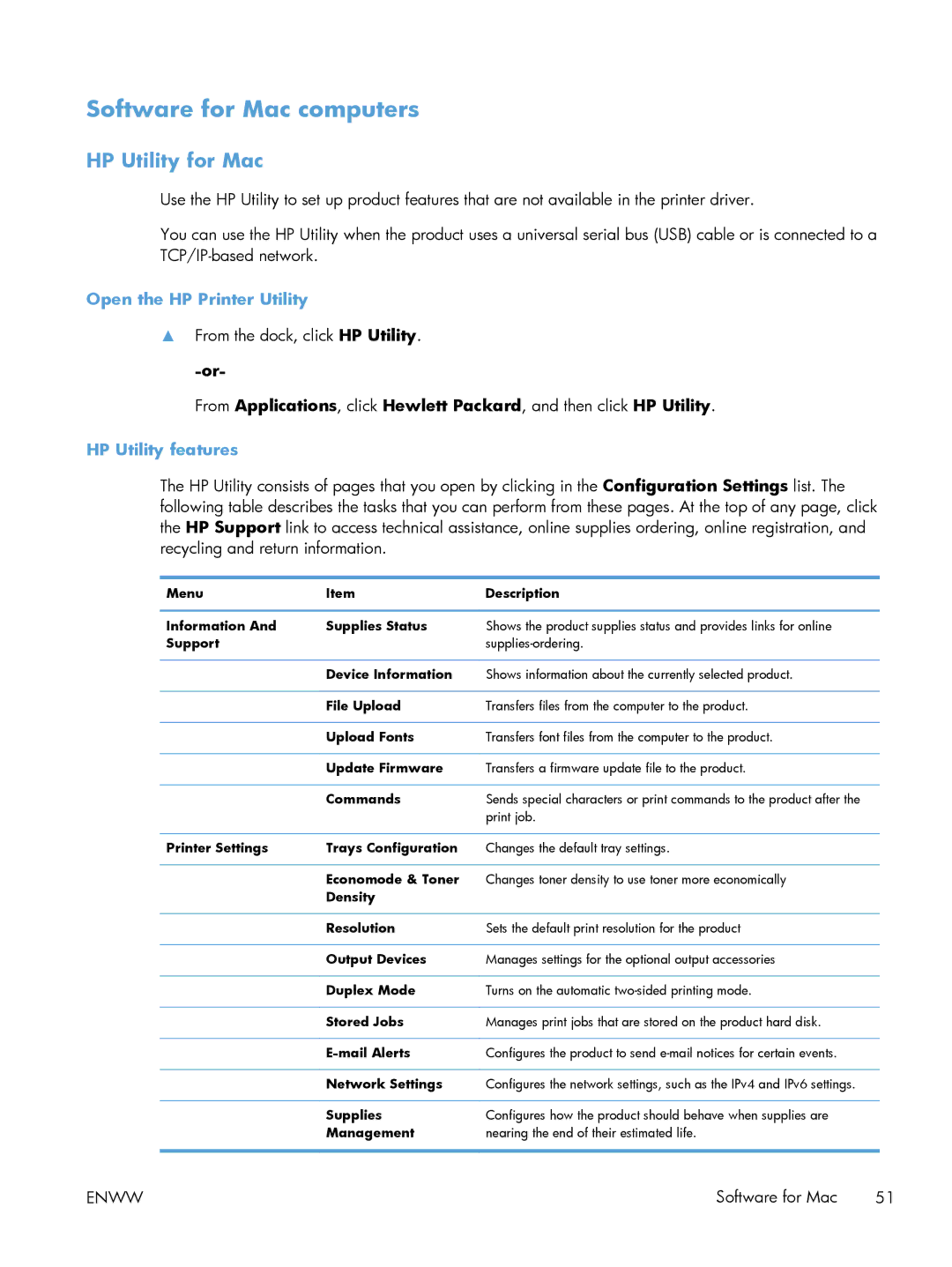 HP Laser M603 Software for Mac computers, HP Utility for Mac, Open the HP Printer Utility, HP Utility features, Print job 