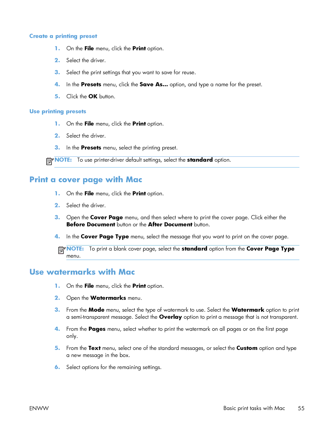 HP Laser M601 manual Print a cover page with Mac, Use watermarks with Mac, Create a printing preset, Use printing presets 